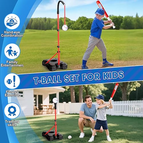 Miniatura 4 de Juego de aro de baloncesto y pelota en T 3 en 1 para niños, incluye soporte de pelota ajustable, camiseta colgante de béisbol