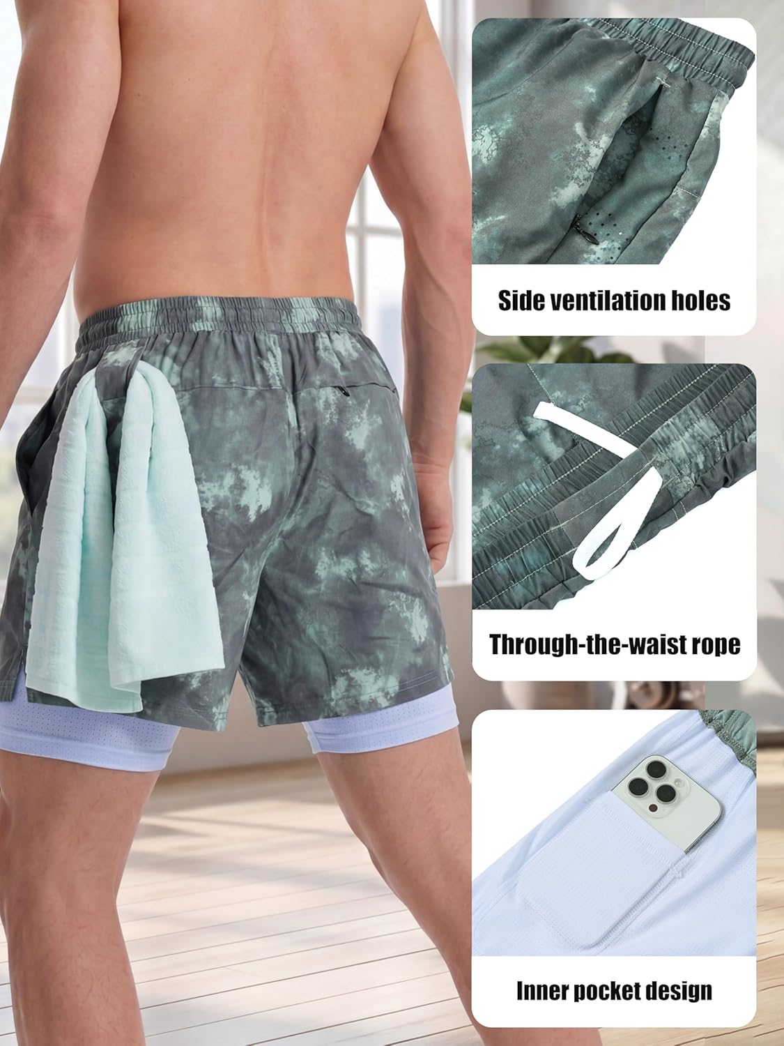 Mens 5" Workout Shorts for Men,2 in 1 Breathable Running Gym Shorts with Hidden Drawstring & 3 Zipper Pockets