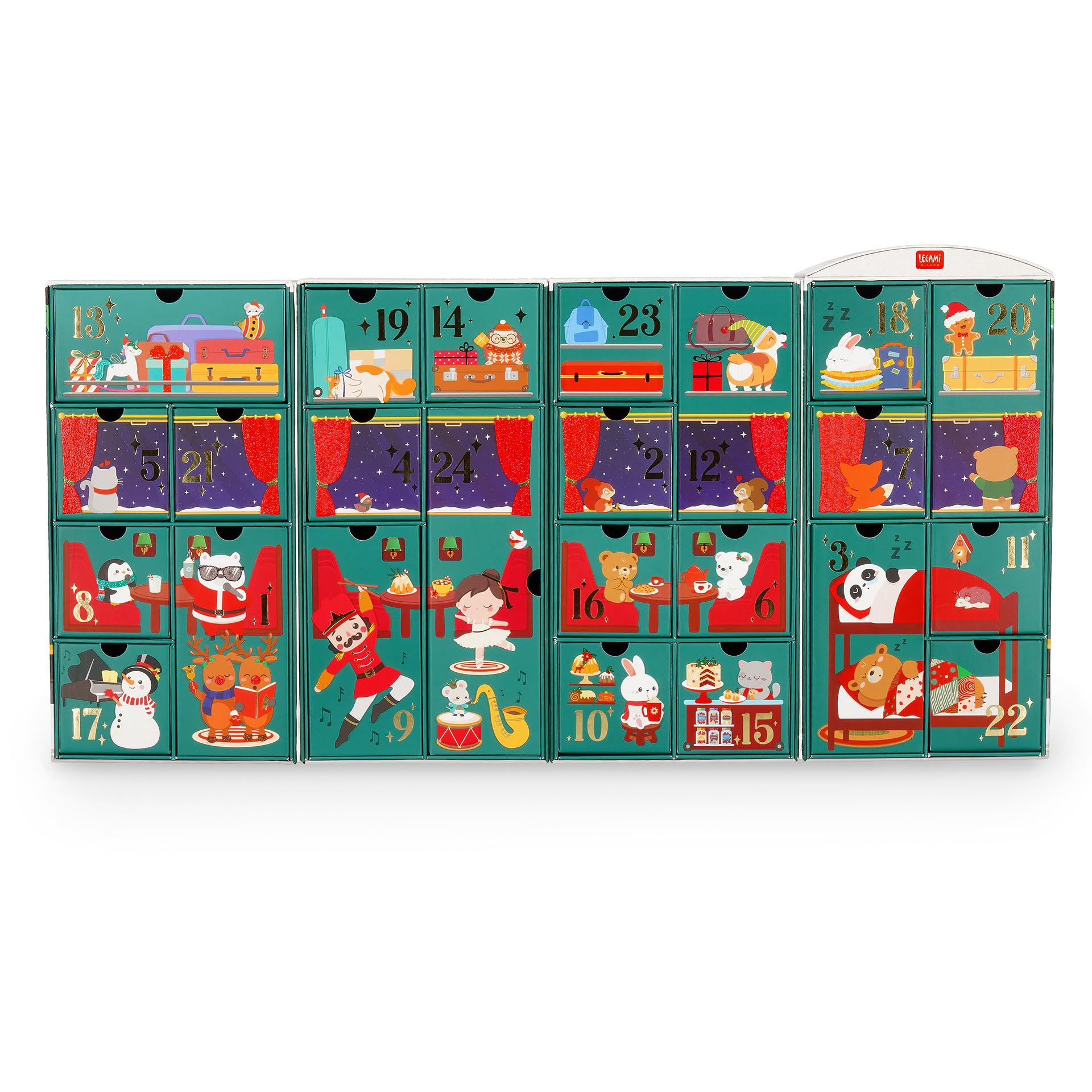 Legami - Adventskalender 2025, 24 Überraschungen, darunter 1 löschbarer Stift in limitierter Auflage, wiederverwendbar, langlebig, Details aus Folie und Glitzer, 33 x 39 x 6,7 cm
