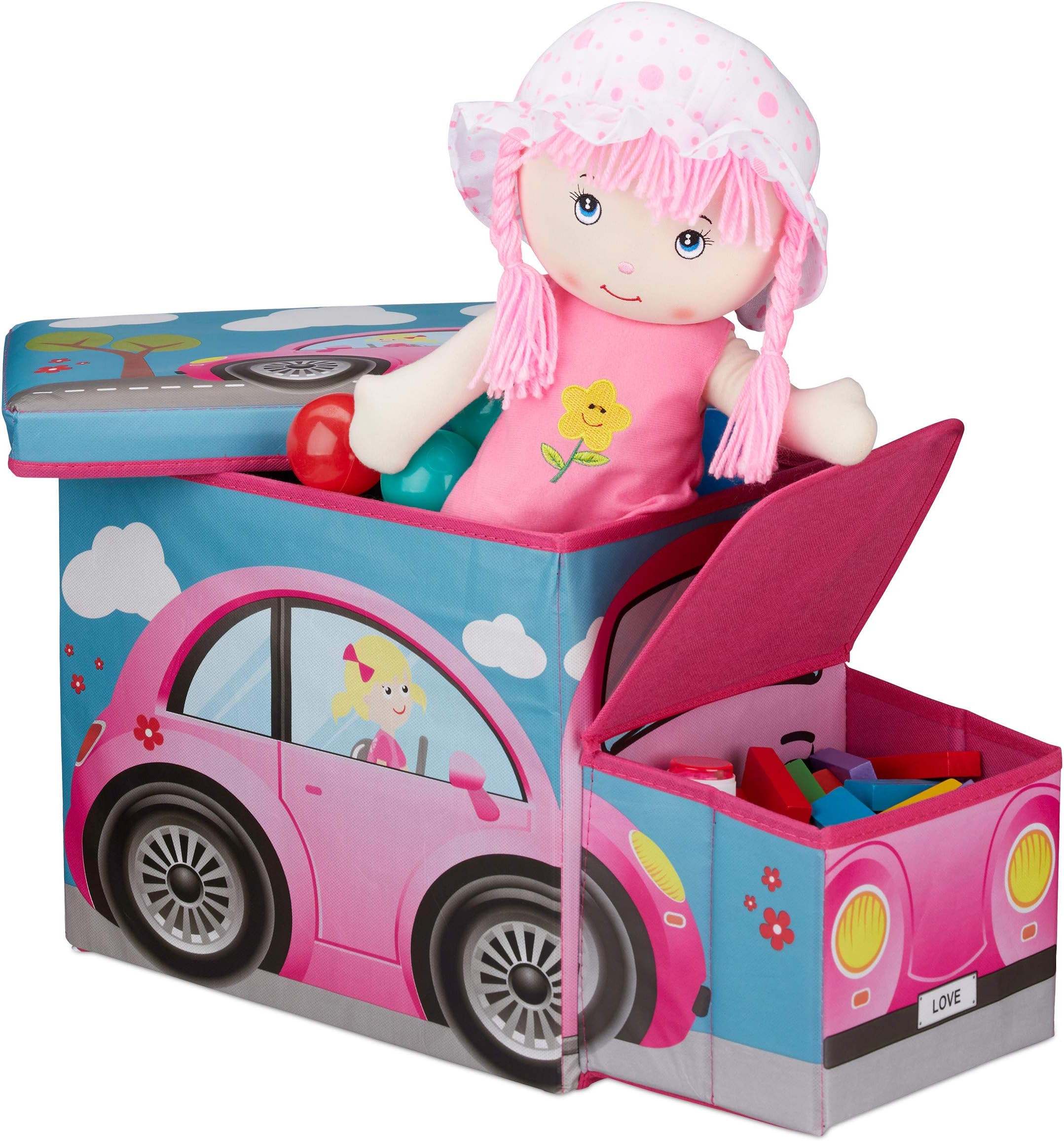 Relaxdays Tabouret Coffre à jouets boîte à jouets couvercle pouf enfant pliable princesse rangement fille garçon 66 litres, rose