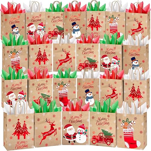 MOORAY Paquete de 24 bolsas de regalo de Navidad con asas, bolsas de papel kraft de Navidad con papel de seda, 7 x 3.15 x 8.7 pulgadas, bolsas de