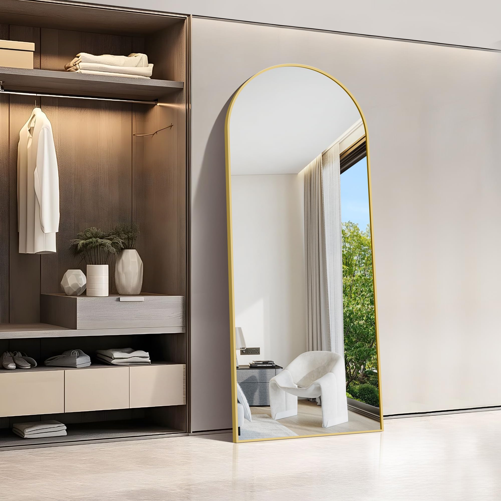 WOLIBEER Miroir sur Pied 179 x 65 cm, Grand Miroir Arqué en Pleine Longueur avec Cadre en Aluminium Doré, Miroir Mural sur Pied pour Salle de Bain, Chambre à Coucher, Entrée, Couloir, Vanité