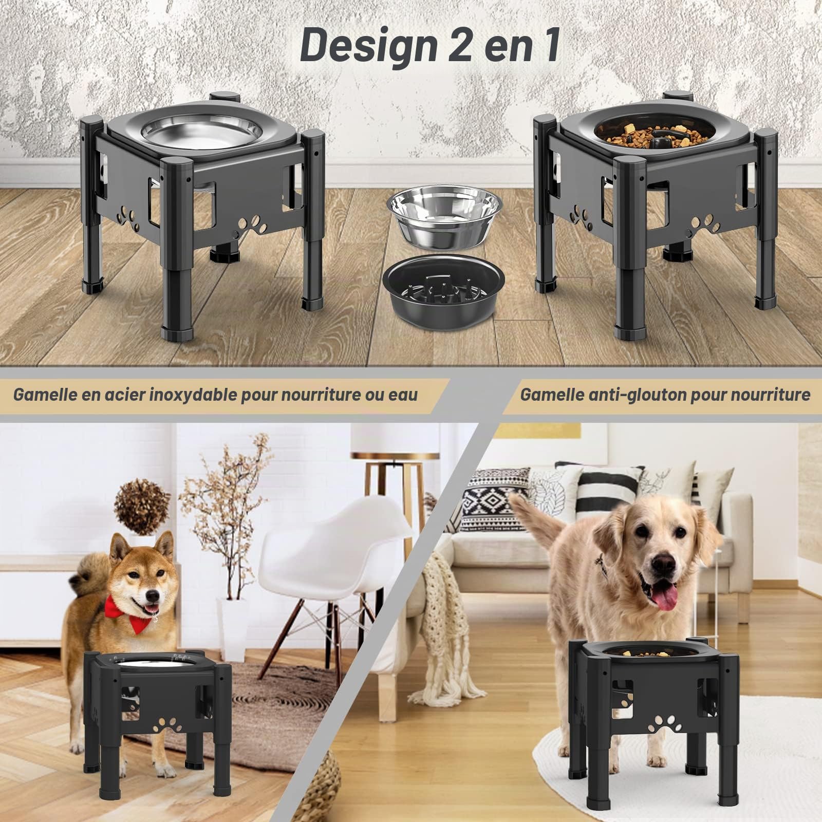 Lewondr Gamelle surélevée pour Chien - Gamelle surélevée en Acier Inoxydable - 3 hauteurs réglables - pour Chiens de Petite et Grande Taille - Antidérapante - Amovible - Passe au Lave-Vaisselle
