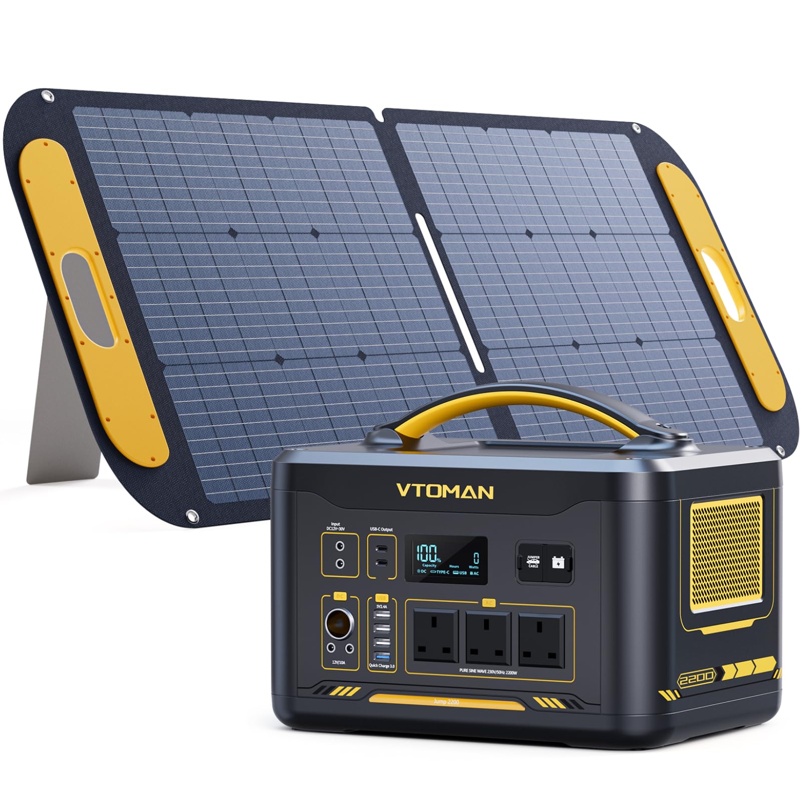 Vtoman Jump 2200 Portable Power Station With 110W Solar Panel - 2200W/1548Wh Lifepo4 Battery Powered Solar Power Generator, 2200W Constant-Power, Regulated 12V Dc, Pd 100W Type-C For Camping, Travel
