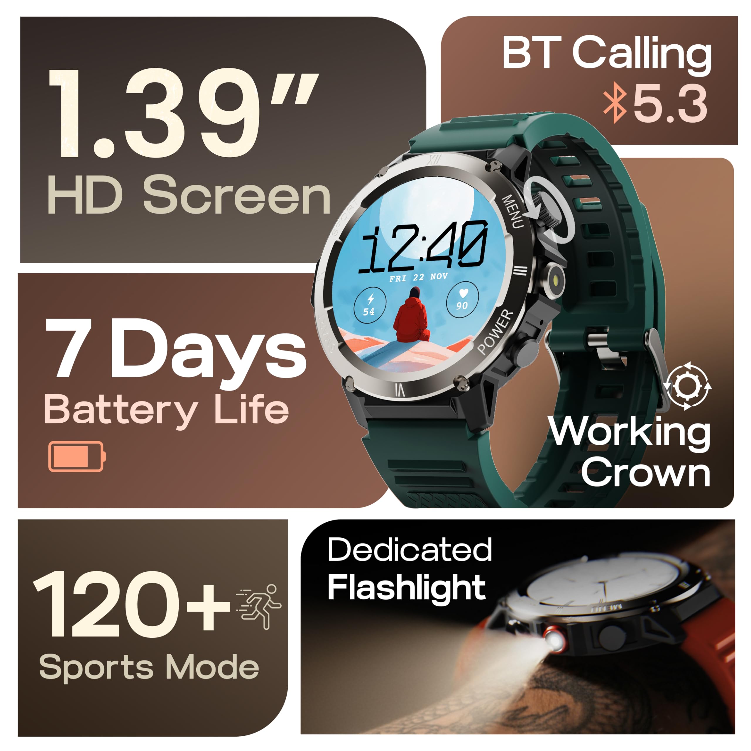 GOBOULT Newly Launched Tuff Hawk Smart Watch 1.39'' HD Display, BT Calling, Working Crown, 150+Watchfaces, 450 Nits Brightness, AI Voice Assistant, SpO2 Monitoring (Green) (Green) — Amazon image 2