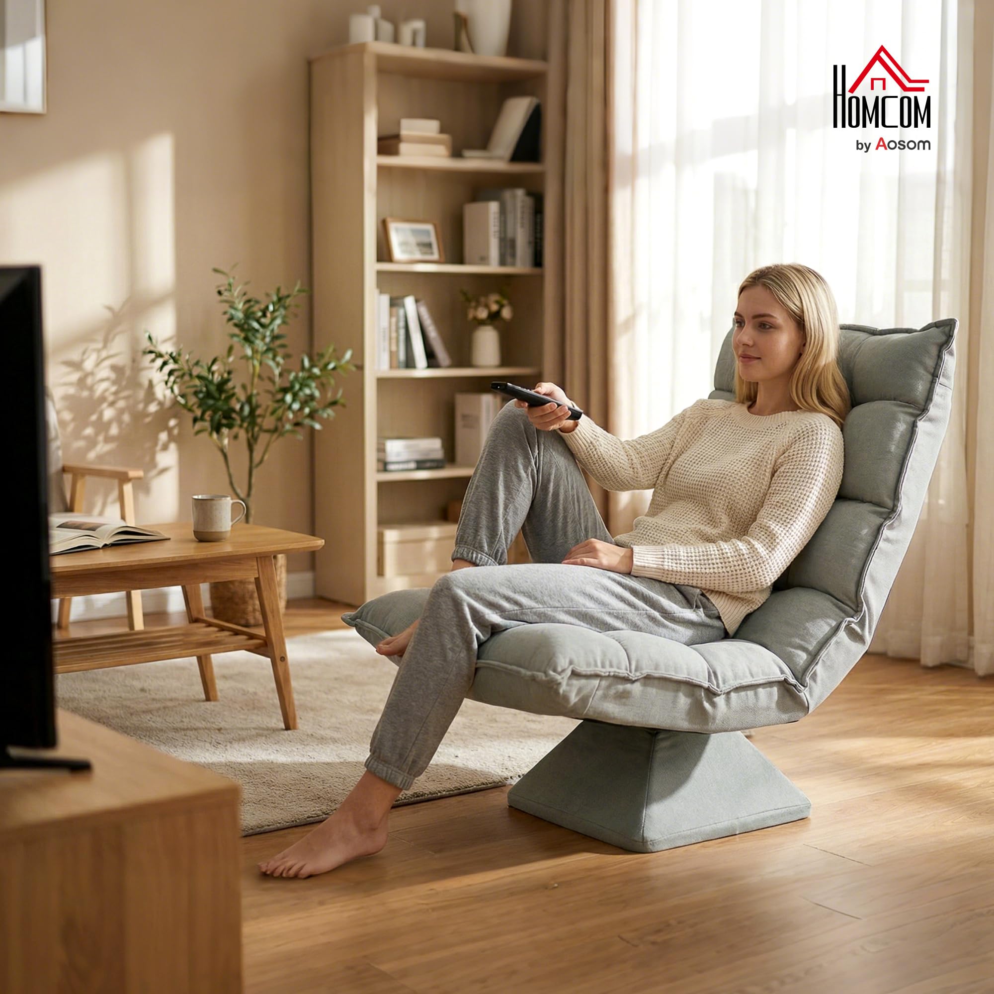 HOMCOM Poltrona Relax Girevole 360° con Schienale Regolabile in 5 Posizioni, Poltrona da Terra con Seduta Ampia Imbottita Spessa in Microfibra Effetto Velluto, per Soggiorno Lettura, Grigio Chiaro