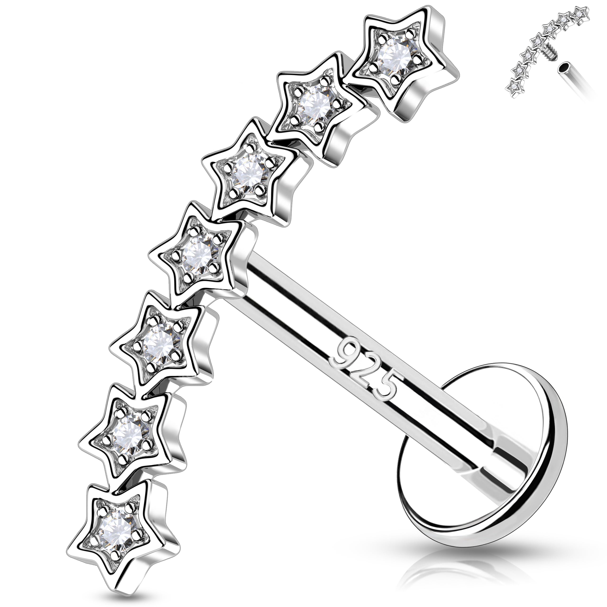 Melighting 925 Sterling Sliver Star Cartilage Earring Internally Threaded Flat Back Earring 16G 8 mm Curved Helix Piercing Jewelry Helix Stud for