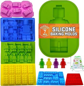 Chocolate Candy Silicone Mold, Building Blocks Ice Tray, Robots and Cars Fondant Mold with Children Party Drawstring Gift Bag-Easy to Use and Clean