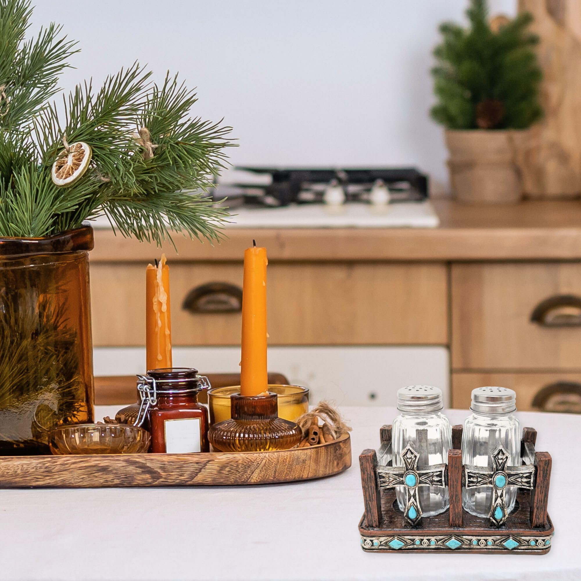 BestGiftEver Salero y pimentero de piedras preciosas turquesa (doble cruz), detalles de cocina del suroeste, juego de salero y pimentero rústico occidental, decoración de comedor