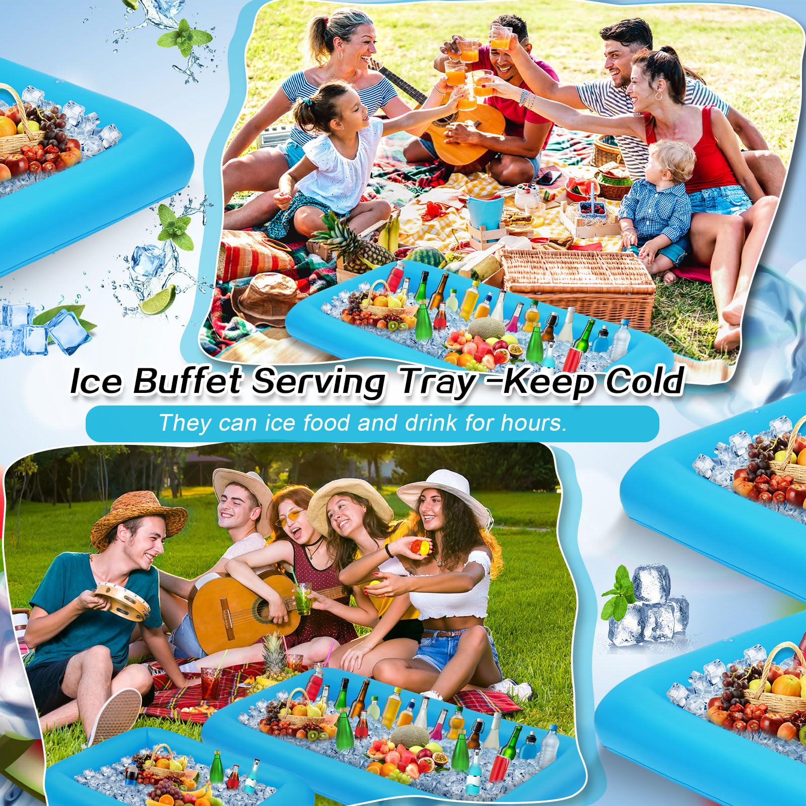 Leitee 4 barras inflables para servir hielo, bandeja para servir bufé, enfriador de bebidas para fiesta en la piscina, bandeja de hielo inflable, contenedores flotantes para alimentos y bebidas con