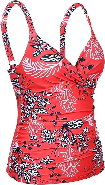 Hilor Women's Underwire Tankini Top Ruched Tummy Control Bathing Suit Tops Push Up Top Swimsuit Front Twist Swim Top Only