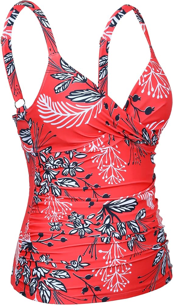 Hilor Women's Underwire Tankini Top Ruched Tummy Control Bathing Suit Tops Push Up Top Swimsuit Front Twist Swim Top Only