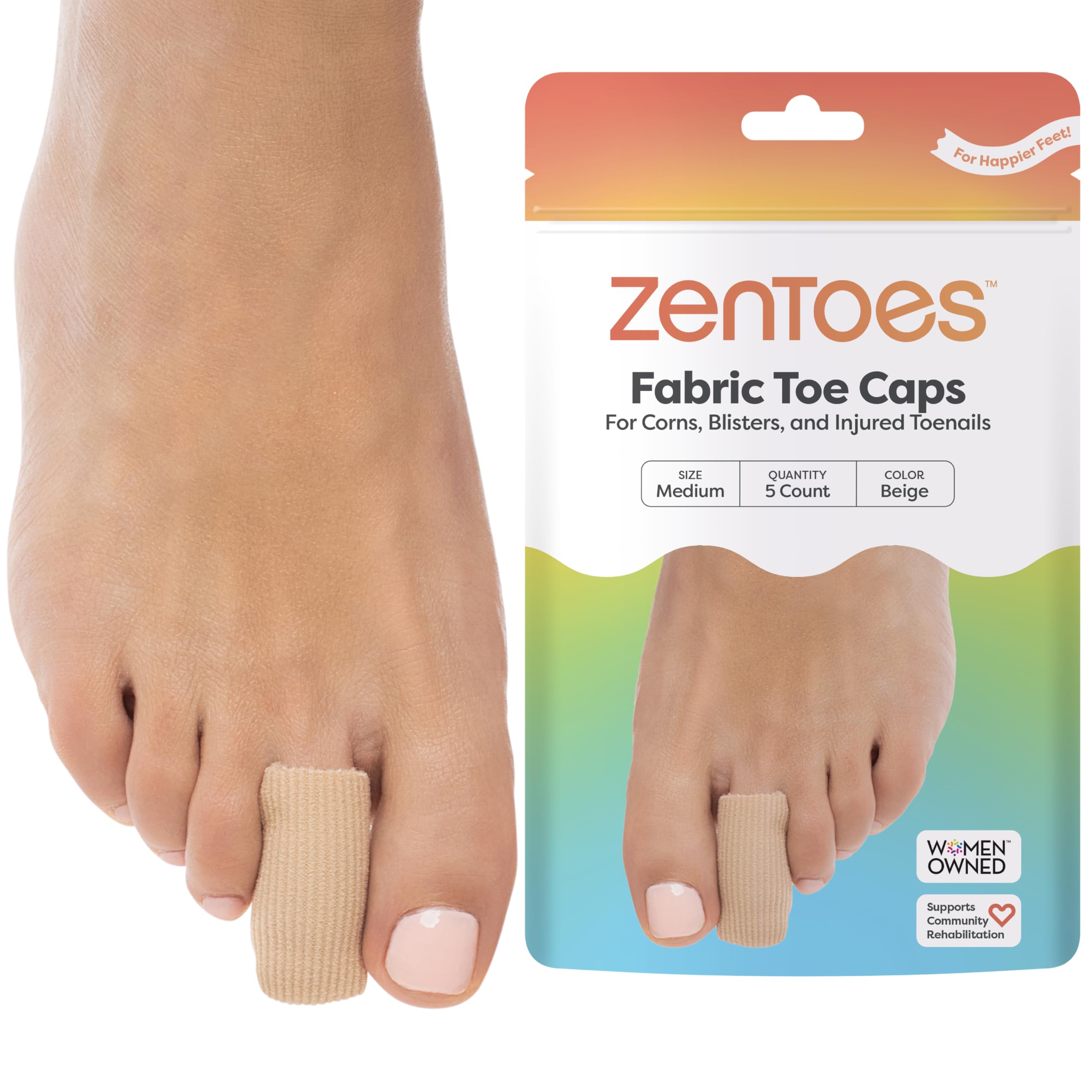 ZenToes Fabric Toe Protectors | Promotes Skin Hydration & Blister Prevention | Medical-Grade Gel Lining | Washable & Reusable Corn, Callus & Ingrown Toenail Relief Between Toes | Medium, 5-Pack