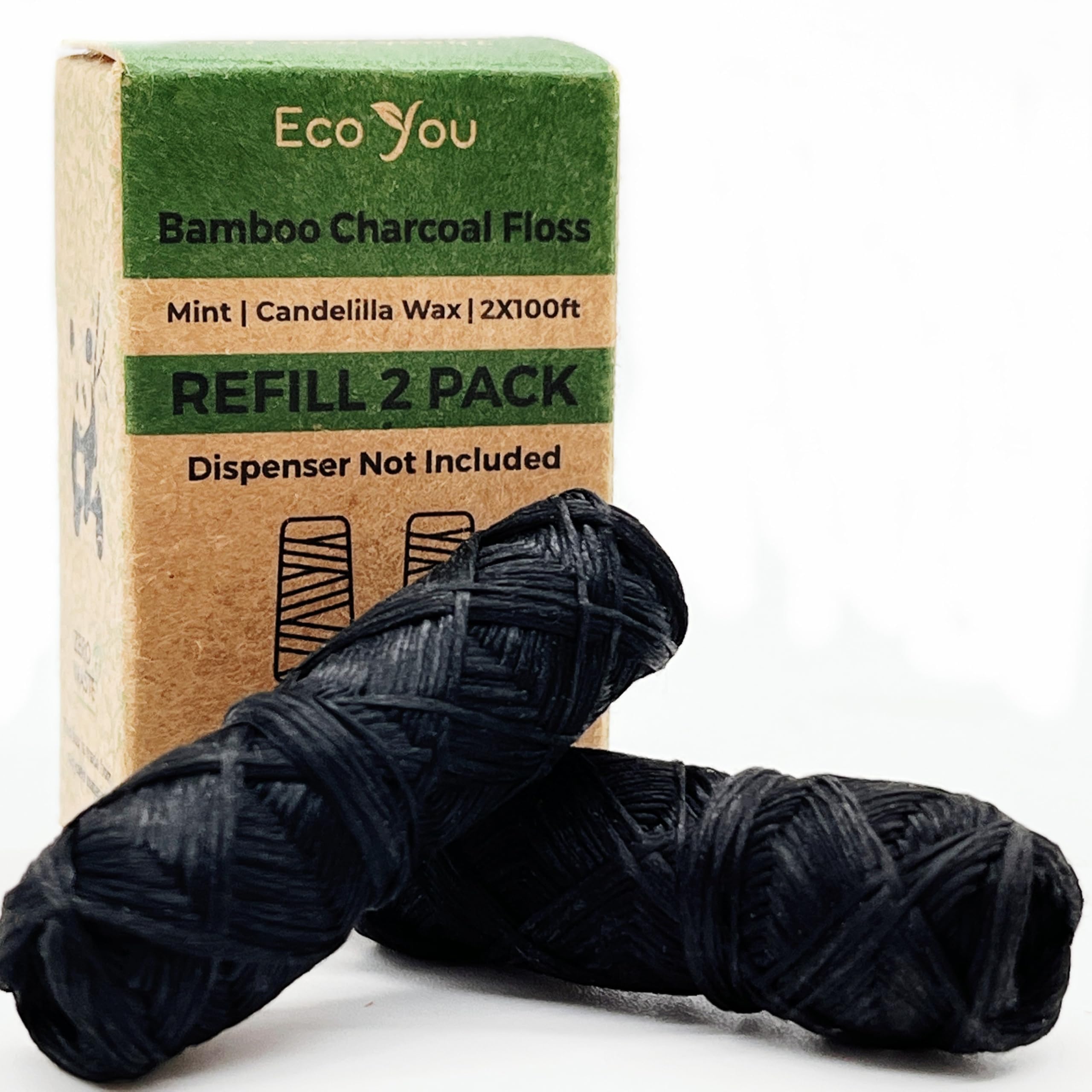 Bamboo Charcoal Dental Floss | Mint & Candelilla Wax | Vegan & Biodegradable (2 Refills Pack)