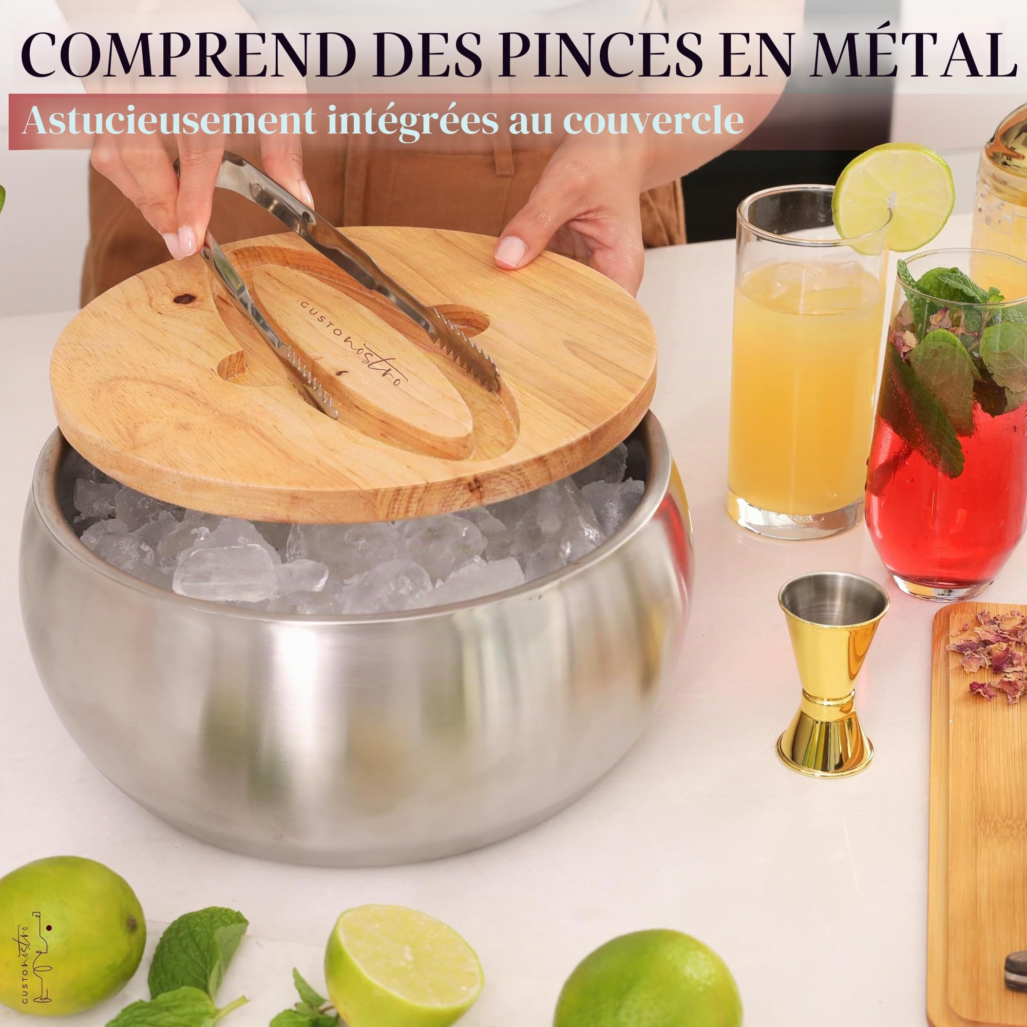 Gusto Nostro Seau A Glace Isotherme, Avec Couvercle et Pince, Double Paroi en Acier Inoxydable, Sans BPA, Pour Bar à Cocktails, Seau A Champagne, Vin, Bière pour les Fêtes