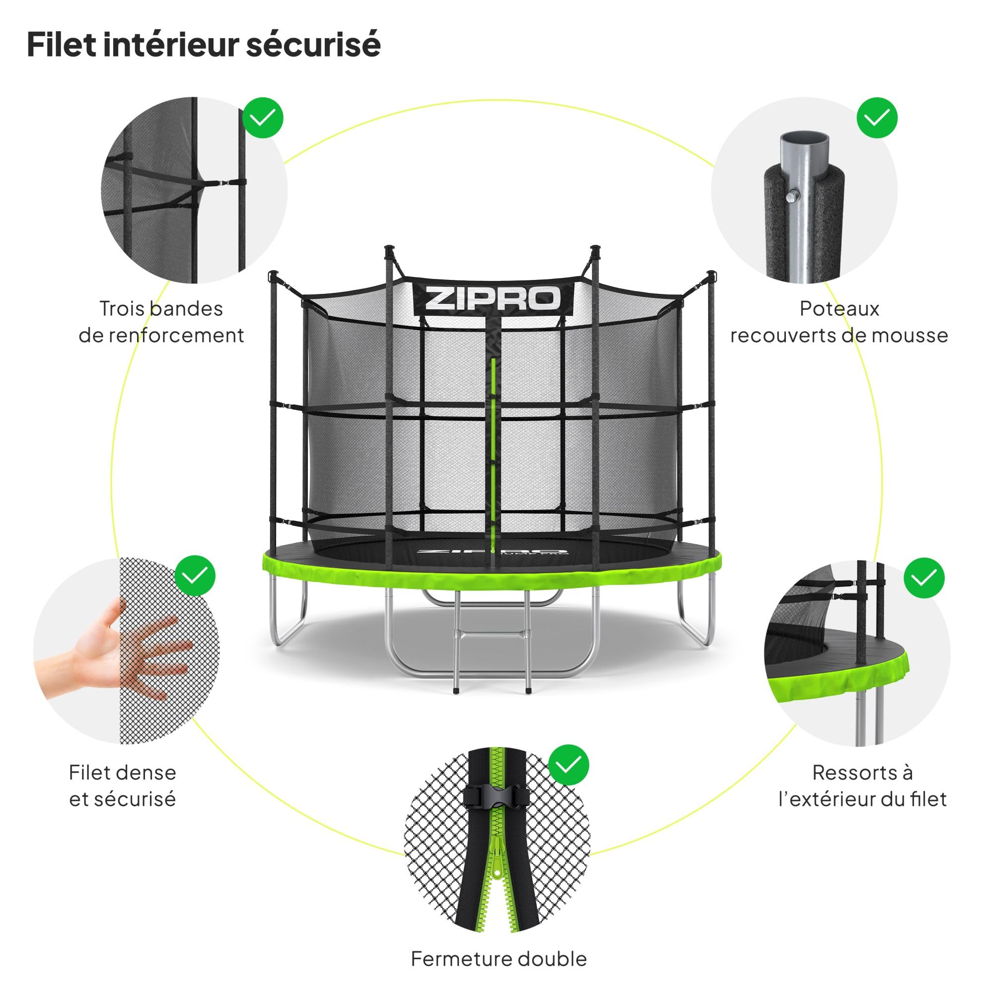 ZIPRO JumpPro in Trampoline Extérieur, Trampoline de Jardin Enfants, Filet Intérieur, Résistant, Protection UV, Montage Facile, Charge 100-150 kg,
