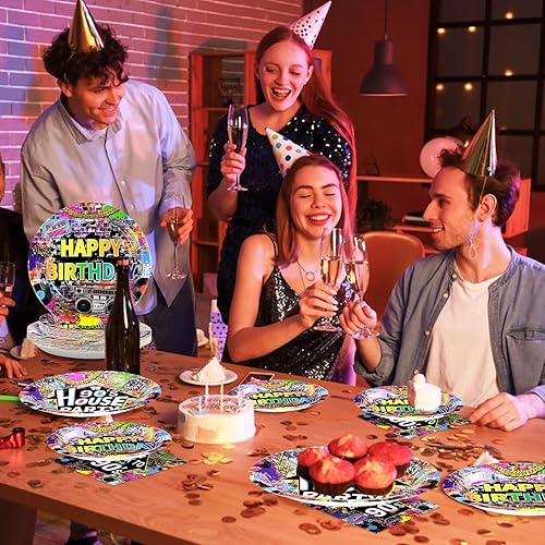 Miniatura 7 de 96 piezas de suministros de fiesta de casa de los 90, platos y servilletas de papel desechables para fiestas de los 90, juego de vajilla de graffiti
