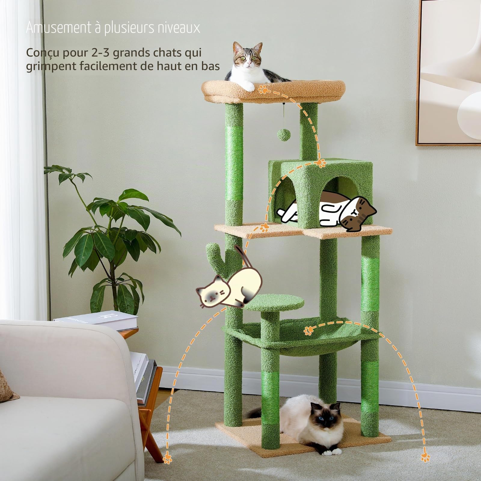 PAWZ Road Arbre a Chat Cactus 143 cm avec Hamac, Griffoirs et Niche, Vert