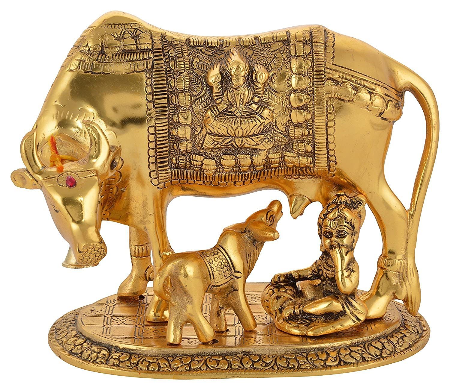 GREENTOUCH CRAFTS kamdhenu Cow with Calf, Kamdhenu Cow with Calf Brass, Golden Metal Cow and Calf Statue- (6.5 Inches, Golden), Kamdhenu Cow with Calf