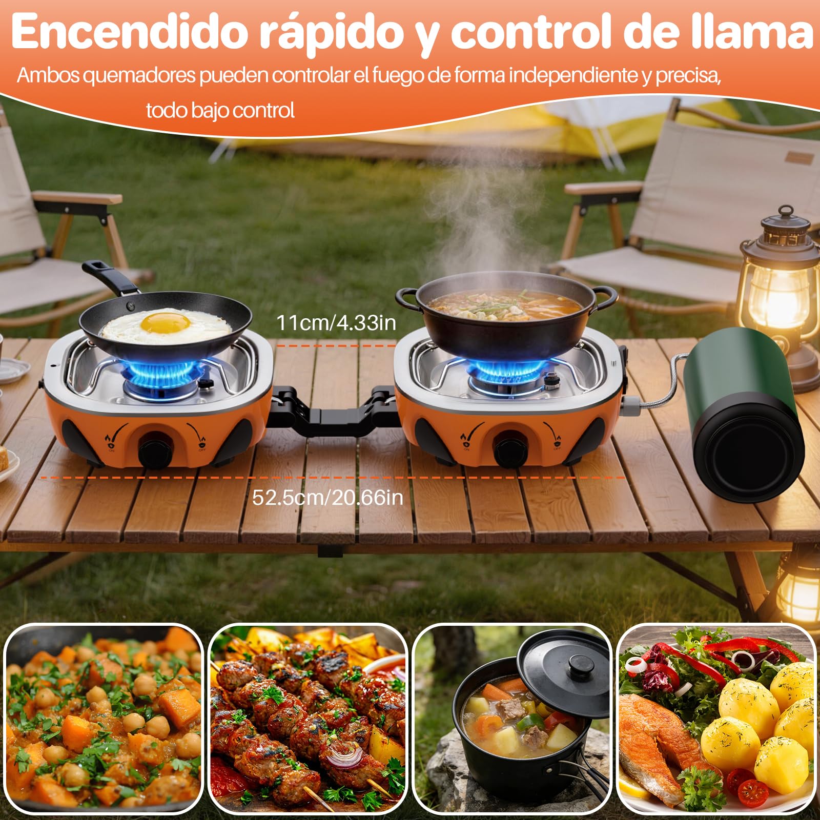 FUNYKICH Cocina de Camping Plegable de 2 Quemadores con Bolsa de Transporte, 2x 3kW Camping Gas Portátil con Manguera Reguladora, Construcción Robusta para Camping,Picnic,Jardín,Barbacoa