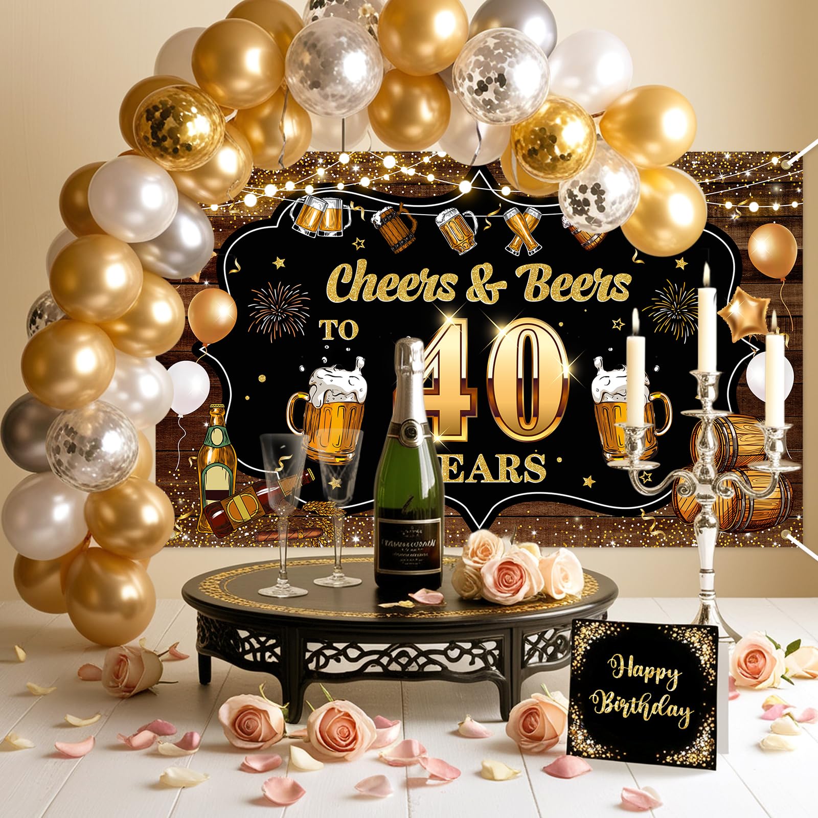 Avezano Cheers & Beers to 40 Years Backdrop Banner Black and Gold Happy 40th Birthday Decorations Beer Whiskey 40 Year Old Birthday Banner for Men Women 70.8 x 43.3 Inch