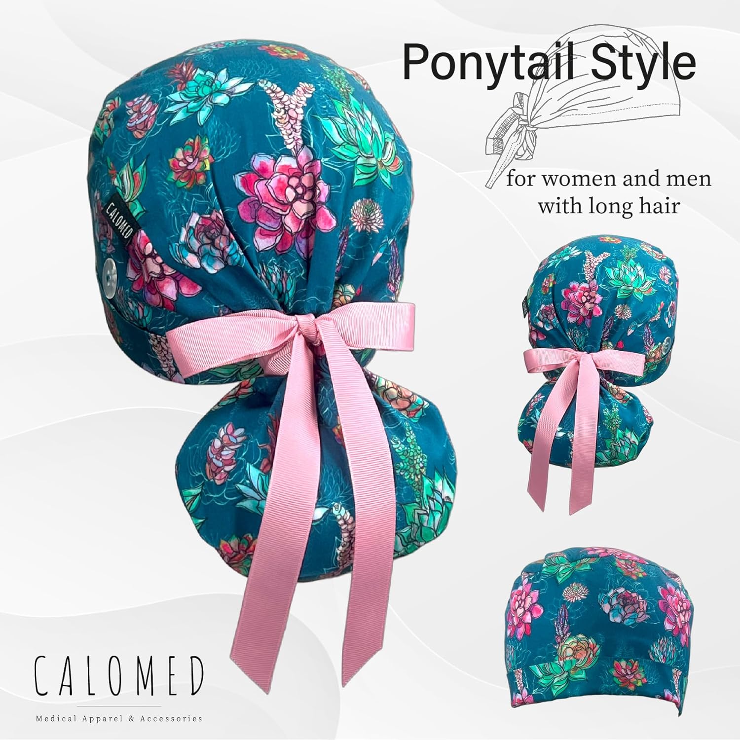 Scrub Cap for Women and Men, Ponytail Scrub Caps, Working Hat, Head Cover with Ribbon Ties and Buttons, Long Hair
