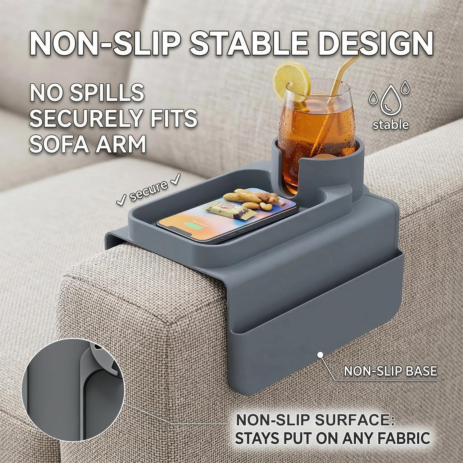 Sofatablett Armlehne mit Getränkehalter, Faltbares Anti Rutsch Sofa Tablett aus Silikon mit Zwei Seitentaschen Couch Ablage für Snacks Getränke Fernbedienung Handy Magazin Armlehnen Tablett Organizer