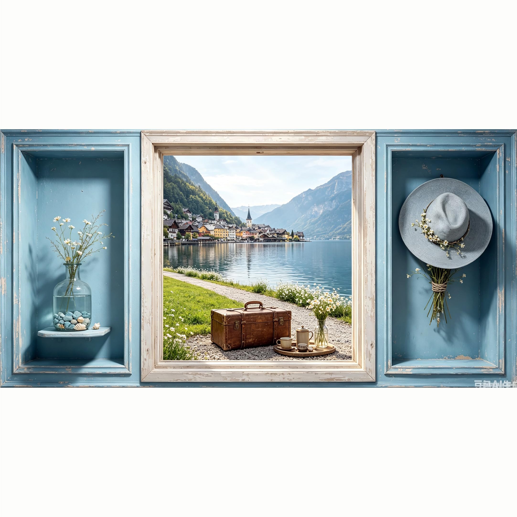 QZLITHOTIC 50x100cm 3D Framed Wall Art， European Lakeside Village Landscape Self‑Adhesive Mural， Water‑Activated Peel & Stick Fabric Decor Wall Decal for Bedroom Living Room