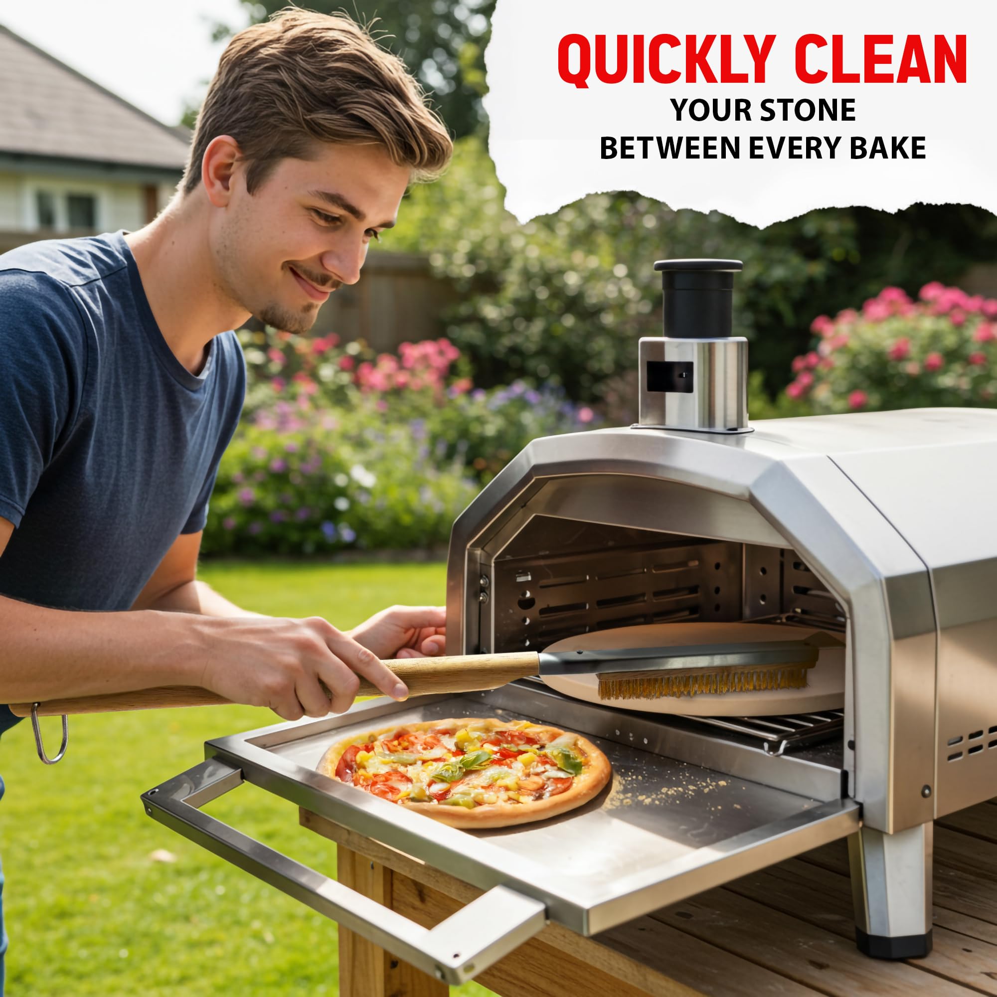 Cepillo para horno de pizza de 22 a 26 pulgadas con raspador, cepillo de piedra de pizza de mango largo 2 en 1, cepillo de pizza de cerdas de cobre resistente al calor, cepillo de limpieza