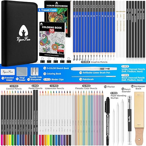 Miniatura 2 de Juego de dibujo de 82 piezas, suministros de arte profesional con 5 clips para blinder, bloc de bocetos de 3 colores, libro para colorear, grafito,