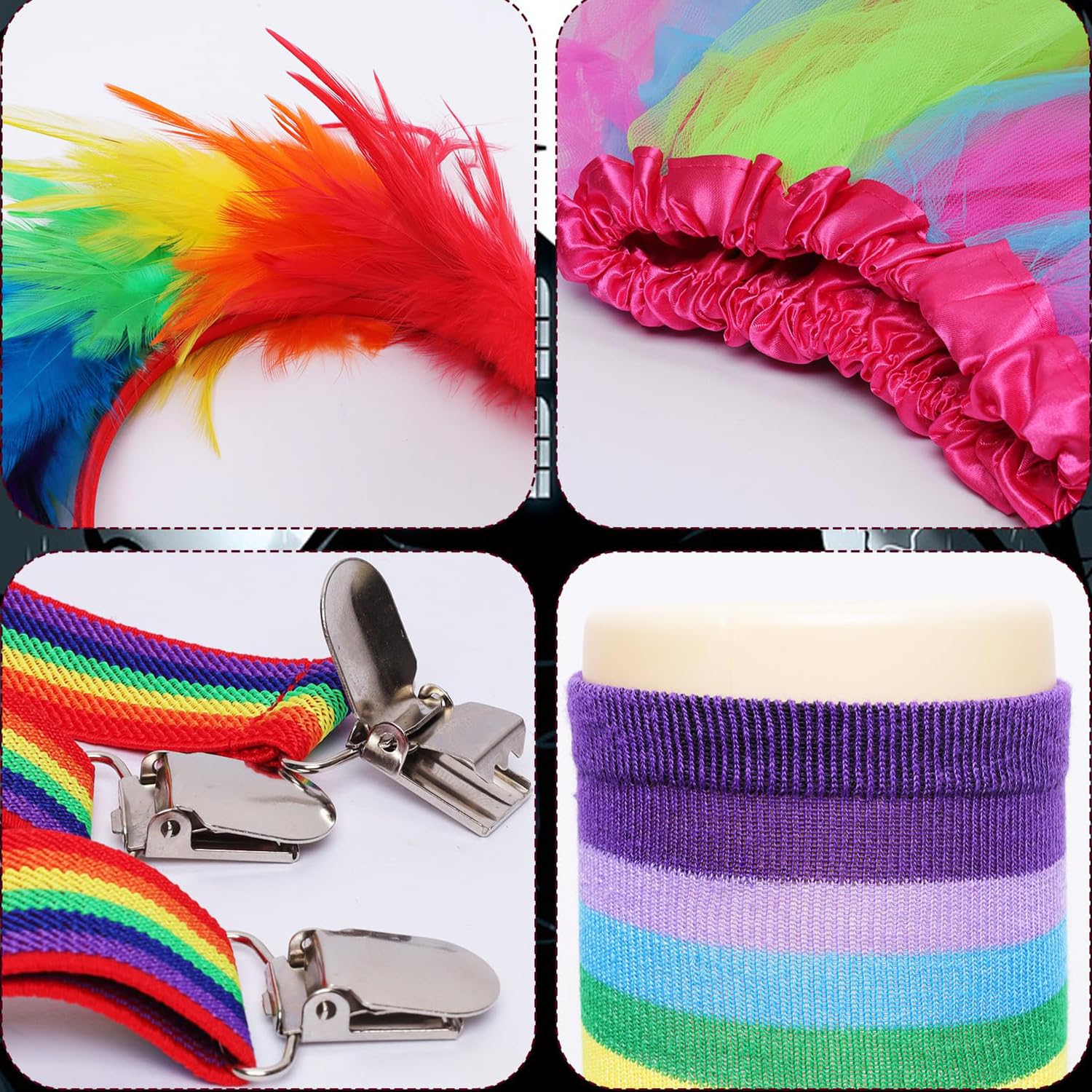 Gonna a tutù Arcobaleno da Donna,Tutu Arcobaleno Capelli con Piume Arcobaleno,Accessori da Donna Abbigliamento Neon Anni '80 Set,Gonna Tulle Donna per Festival,Carnevali,Gay Pride