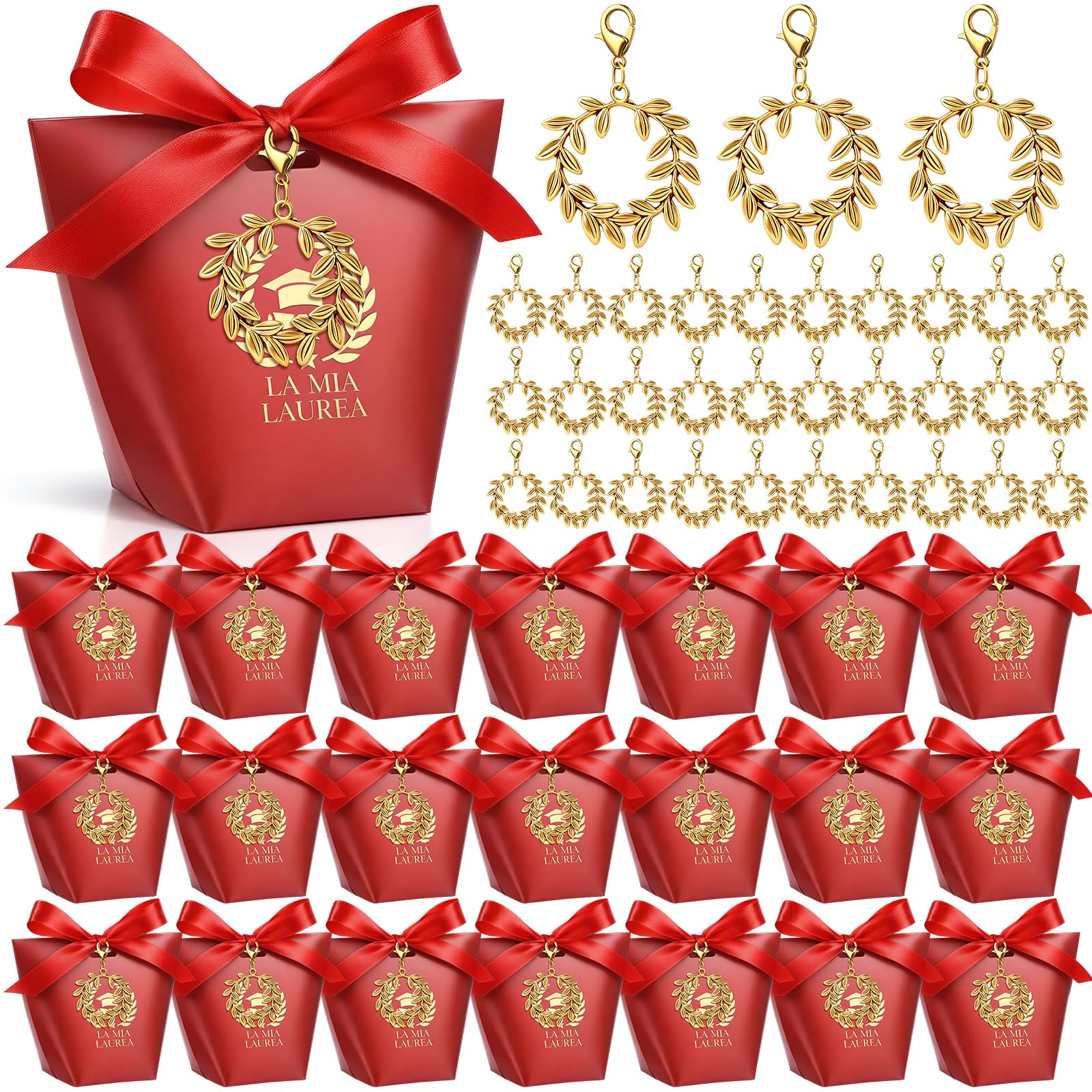 BBTO 50 Sets Cajas de recuerdos de graduación Incluye 50 Rojo cajas de recuerdos 50 llaveros de Corona de laurel 1 rollo de listón rojo Regalos de decoración para fiesta de graduación hechos a mano