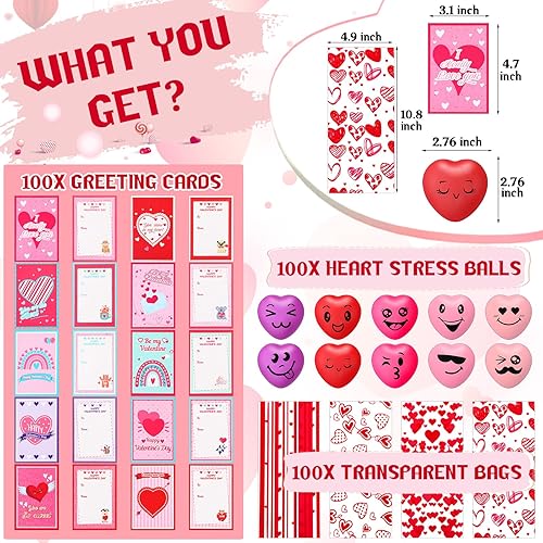 Miniatura 2 de Poen Juego de 300 bolas antiestrés con forma de corazón, tarjetas para el día de San Valentín, incluye 100 juguetes antiestrés para aliviar el