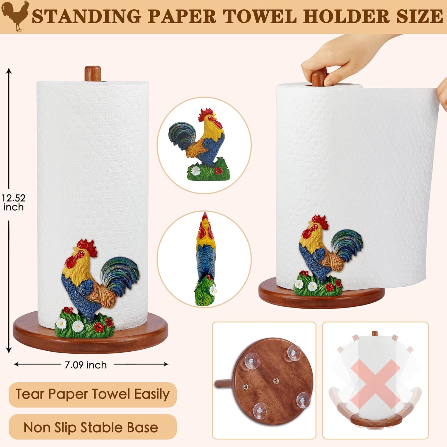 Rooster Kitchen Paper Towel Holder Decor,Farmhouse Kitchen Decorative,Cute Wooden Paper Towel Holder Countertop with Anti Slip,Chicken Gifts for Women Rustic,Bathroom,Housewarming,4 Suction Cup