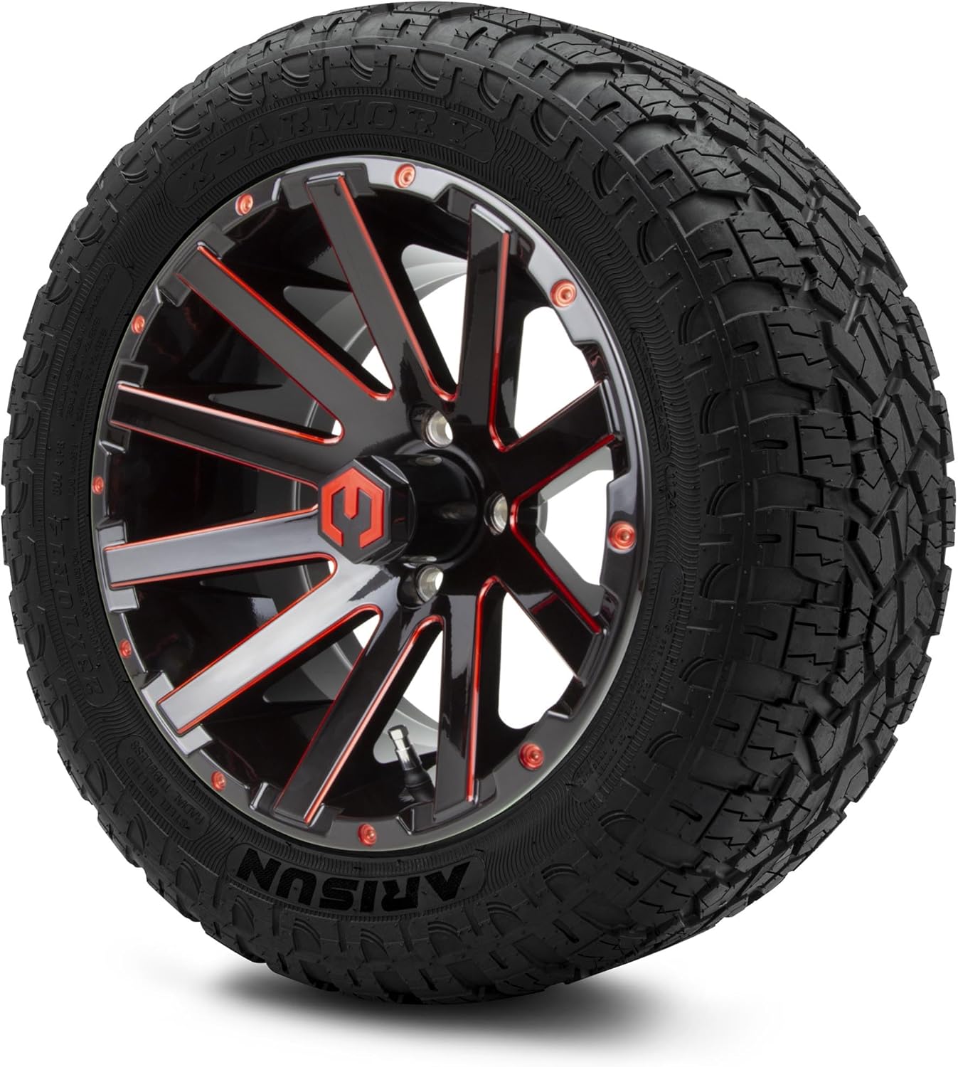 MODZ® Mauler Red and Black Ball Mill 14" Golf Cart Wheels and Arisun X-Armory (23x10-R14) DOT Steel-Belted Radial Golf Cart Tires Combo - Set of 4