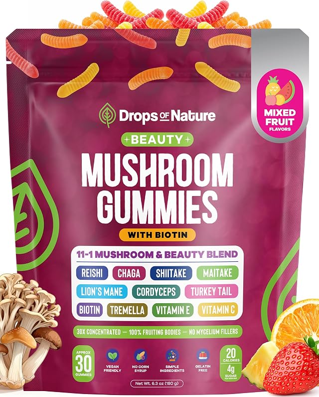 Drops Of Nature Beauty Mushroom Gummies with Biotin - Mixed Fruits, 30 ct | 11-in-1 Superfood Mushrooms with Biotin, Vitamin E & Vitamin C, Hair Skin & Nail Health Support, Vegan, Gelatin-Free