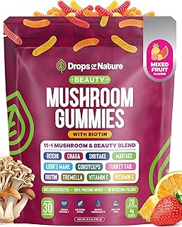 Drops Of Nature Mushroom Beauty Biotin Gummies – Tremella Lions Mane VIT C VIT E – 11-in-1 Mushroom Superfood Blend – Vegan Hair Skin and Nails for Women (Mixed Fruits, 30 Gummies)