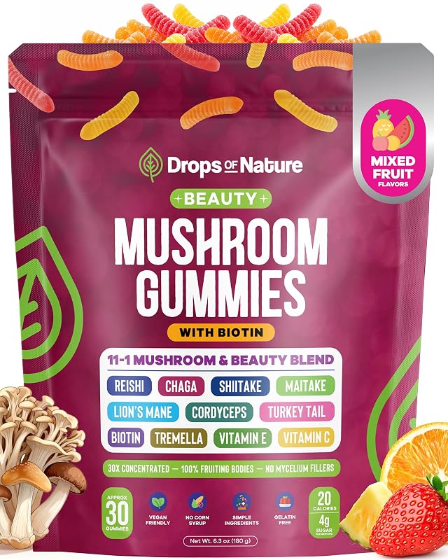 Drops Of Nature Suplemento para cabelos, pele e unhas com biotina, vitaminas C e E e cogumelos, 30 gomas
