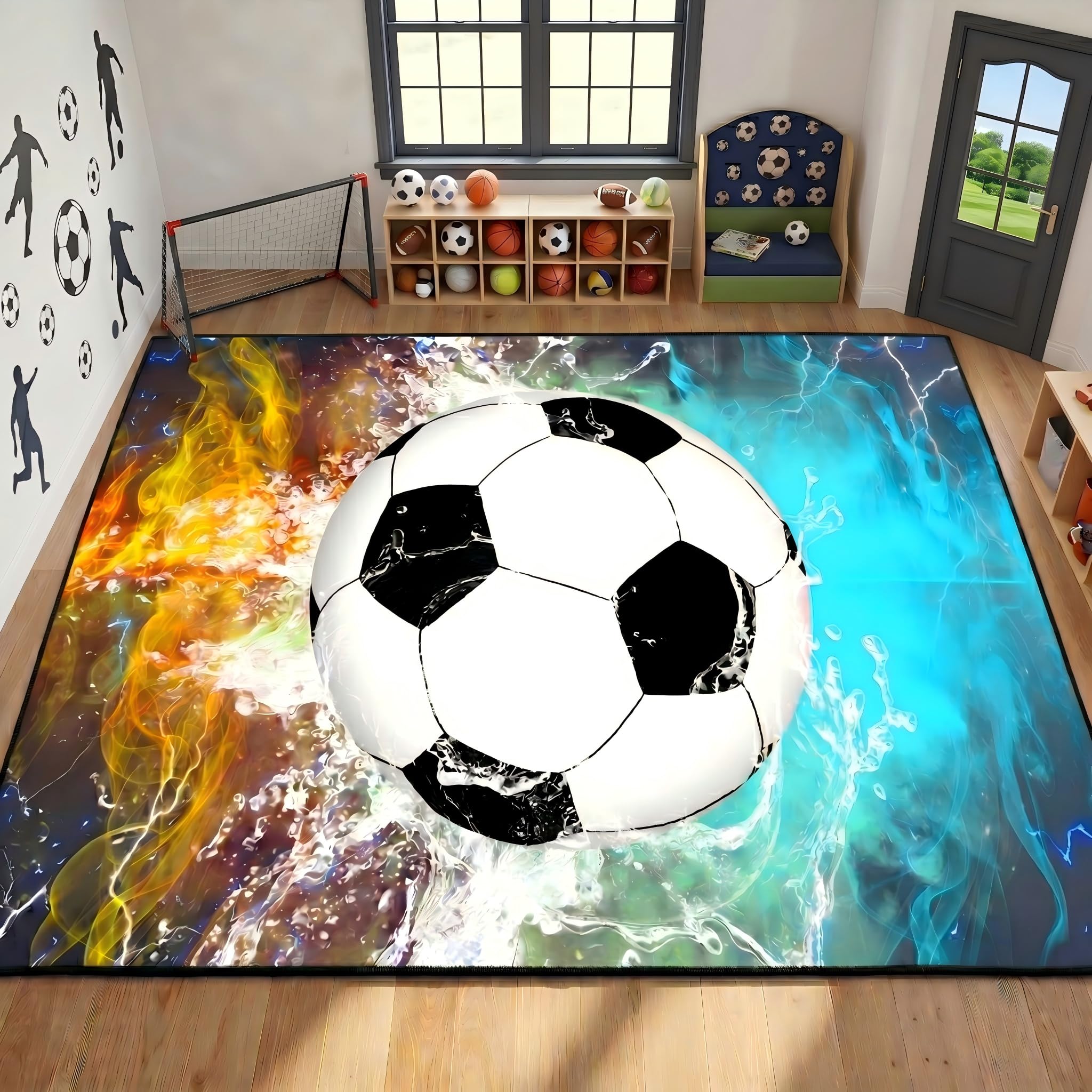 Football & Soccer Rugs for Boys Bedroom 4.5x6 Feet, Sports Rugs for Boys Bedroom Living Room Playroom Sports Carpet for Kids Soccer Room Decor Sofa Floor Mats