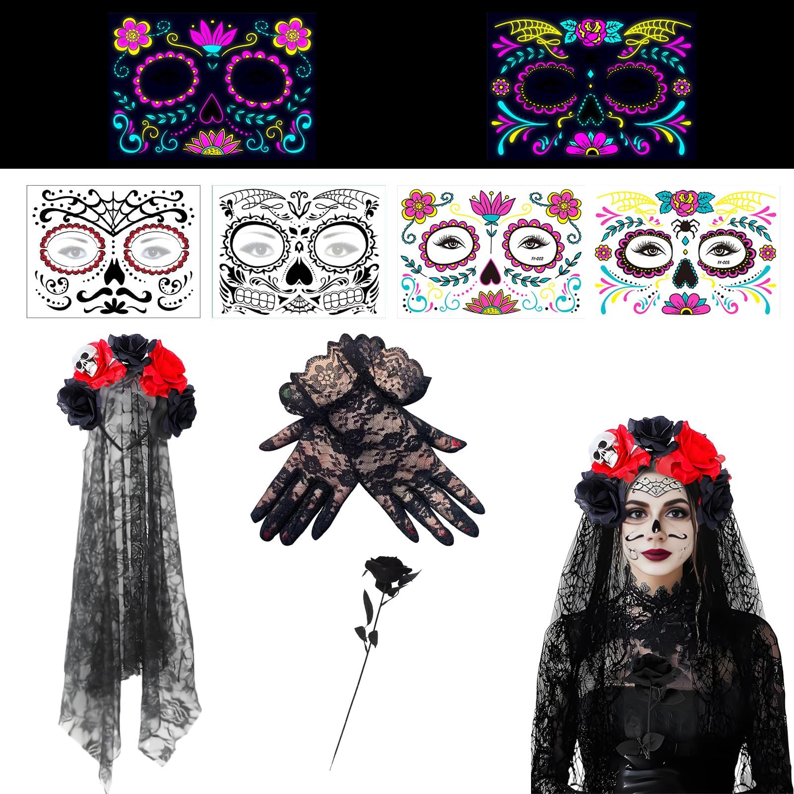 7PCS Day Of The Dead Costume, Black Veil Brides Day Of The Dead Headband Veil Face Stickers Lace Gloves And Fake Black Rose For Women Ladies Costume Accessories