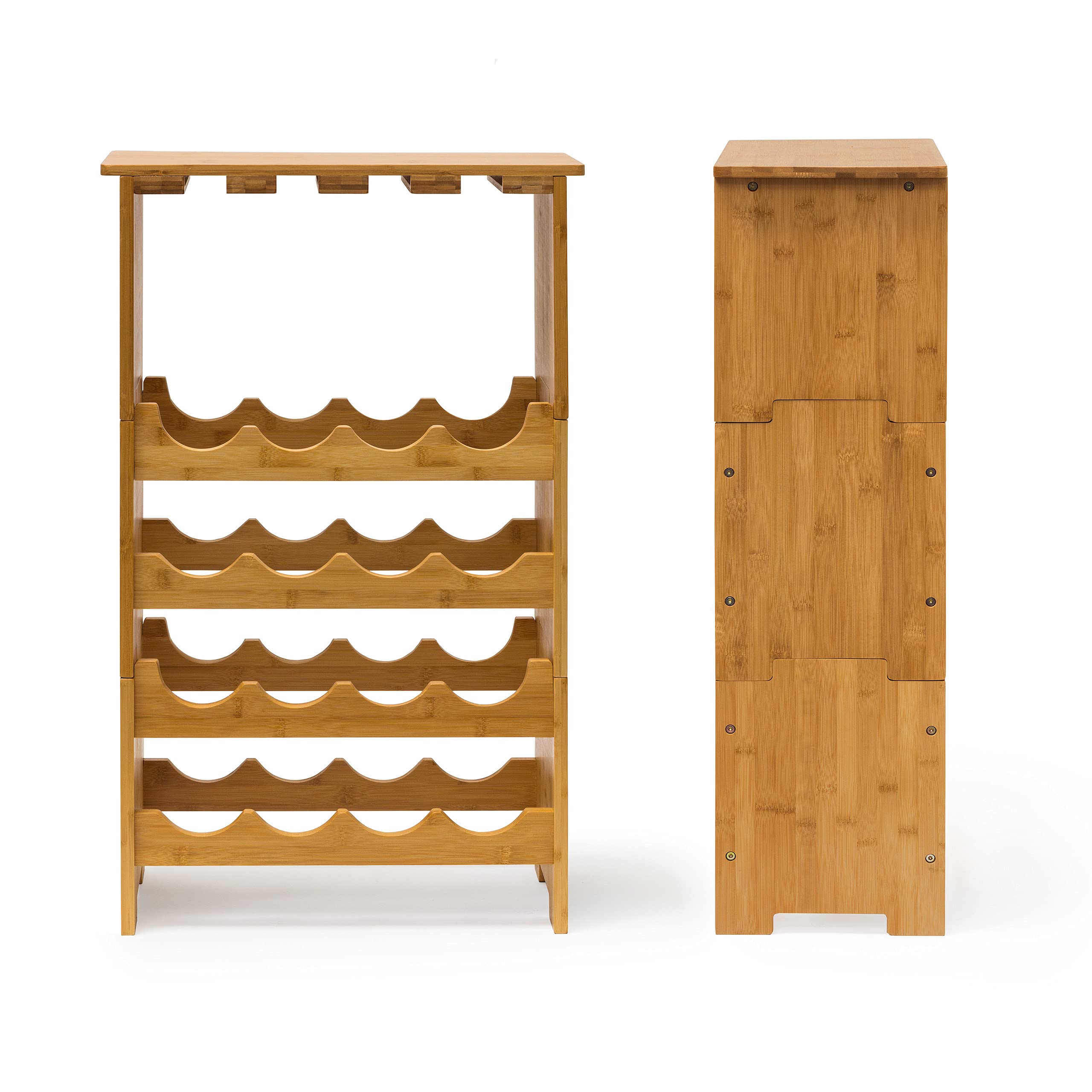 Relaxdays Scaffale per 16 Bottiglie di Vino, Portabottiglie, 84x24x50 cm, Cantinetta in bambù, Calici, Legno Naturale
