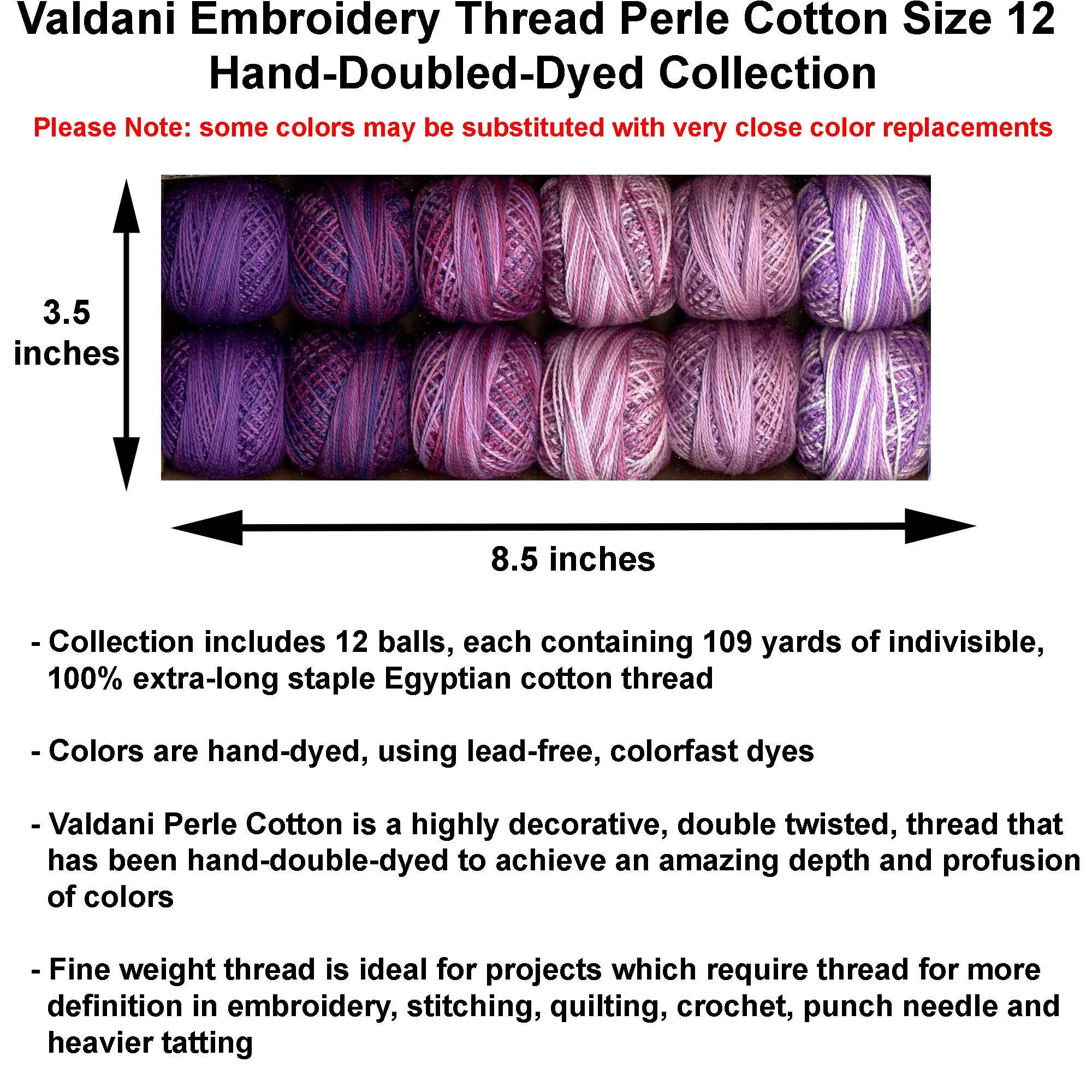 Valdani Stickgarn, Perl-Baumwolle, Größe 12, handgefärbt, 2 Veilchen-Kollektion (PC12-TwoViolets), mit Nahttrenner und Nadeleinfädler
