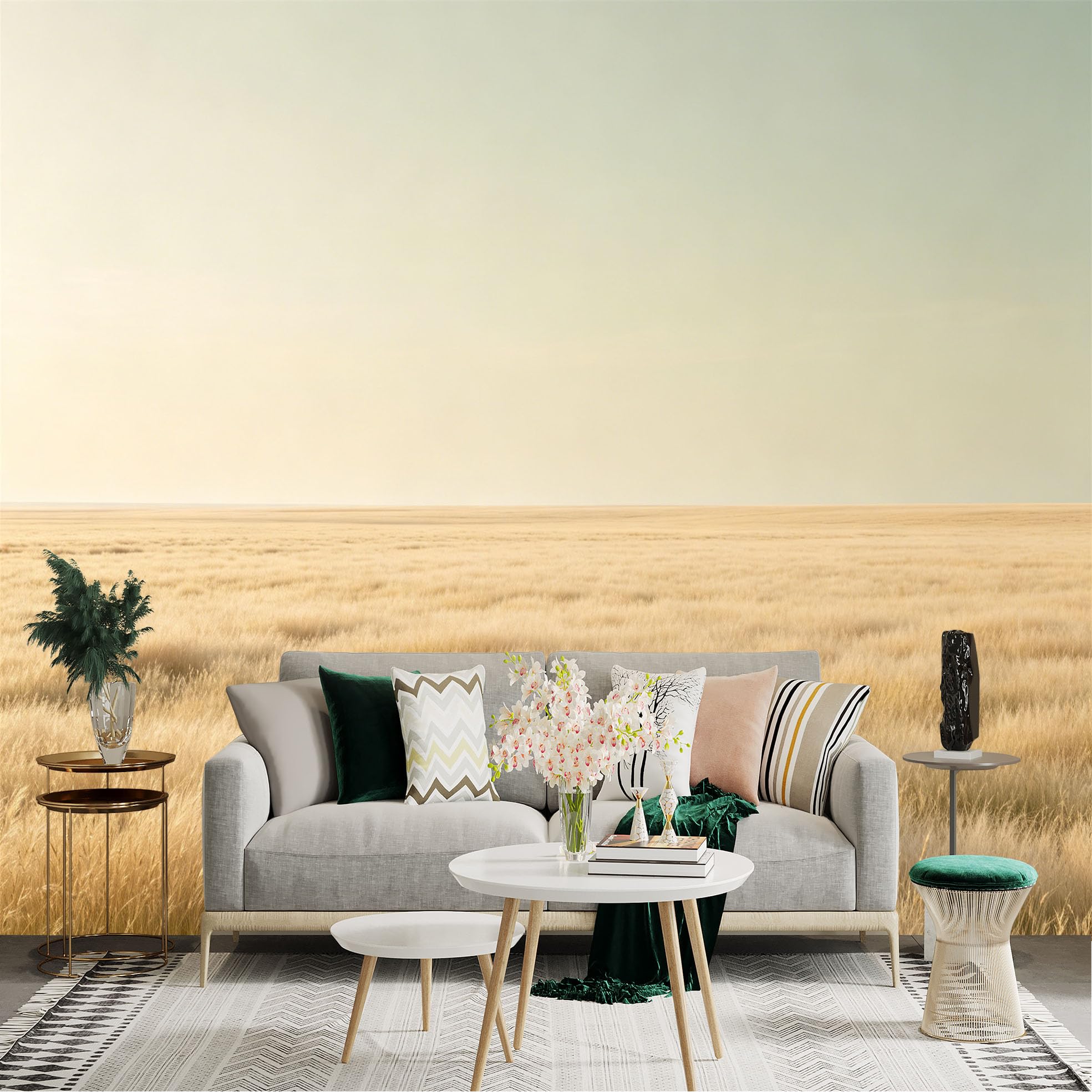 Lnzczhyre Dbh260521556 Custom Size Wall Sticker Mural， Golden Wheat Field At Sunset， Serene Prairie Landscape， Soft Warm Sunlight， For Wall Decoration， Peelandstick Wall Decals.
