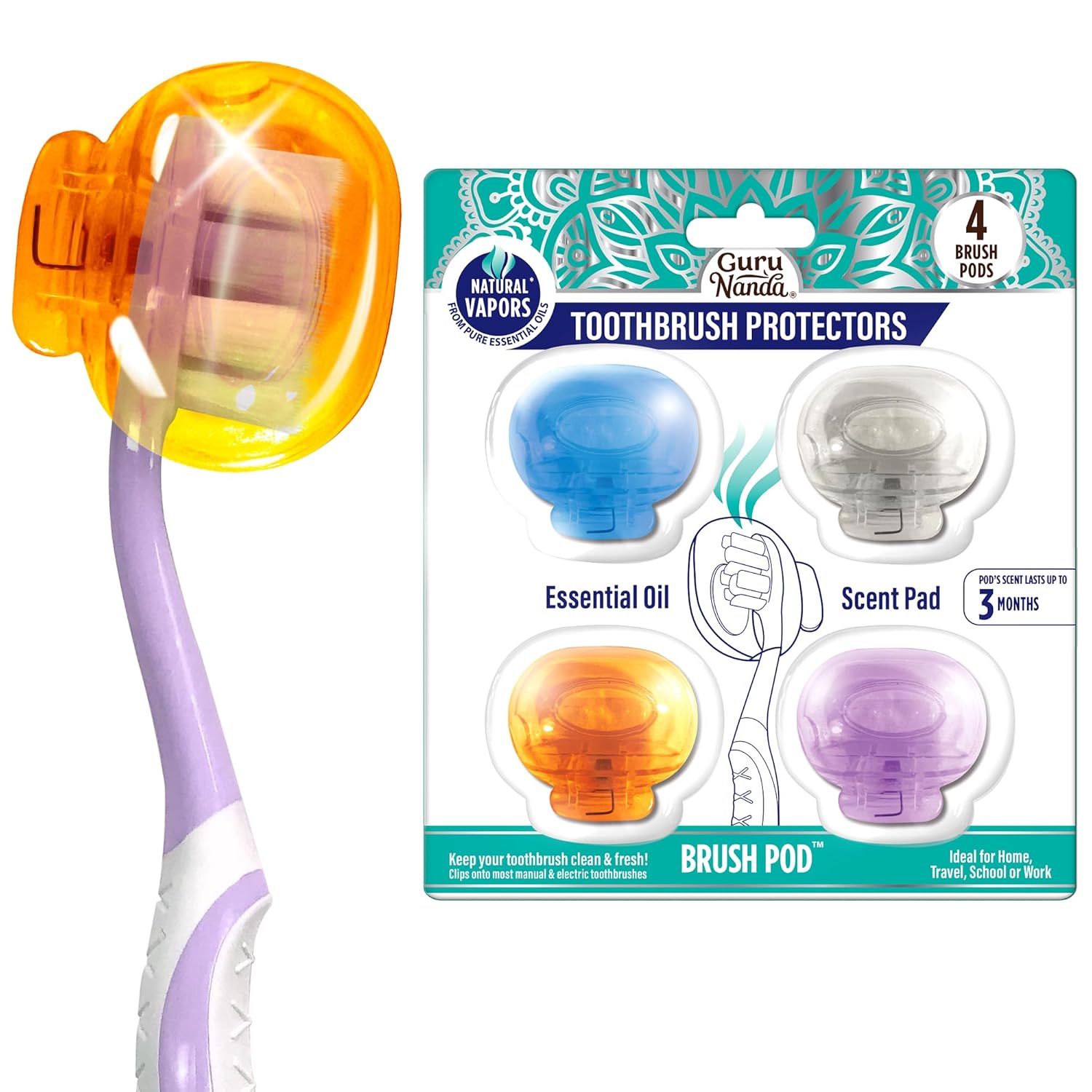 Product image of GuruNanda Brush Pods - Toothbrush Cover for Manual & Electric Toothbrush, Keeps Toothbrush Fresh & Clean, Travel Accessories with Natural Essential Oil Vapors, 4 Pack