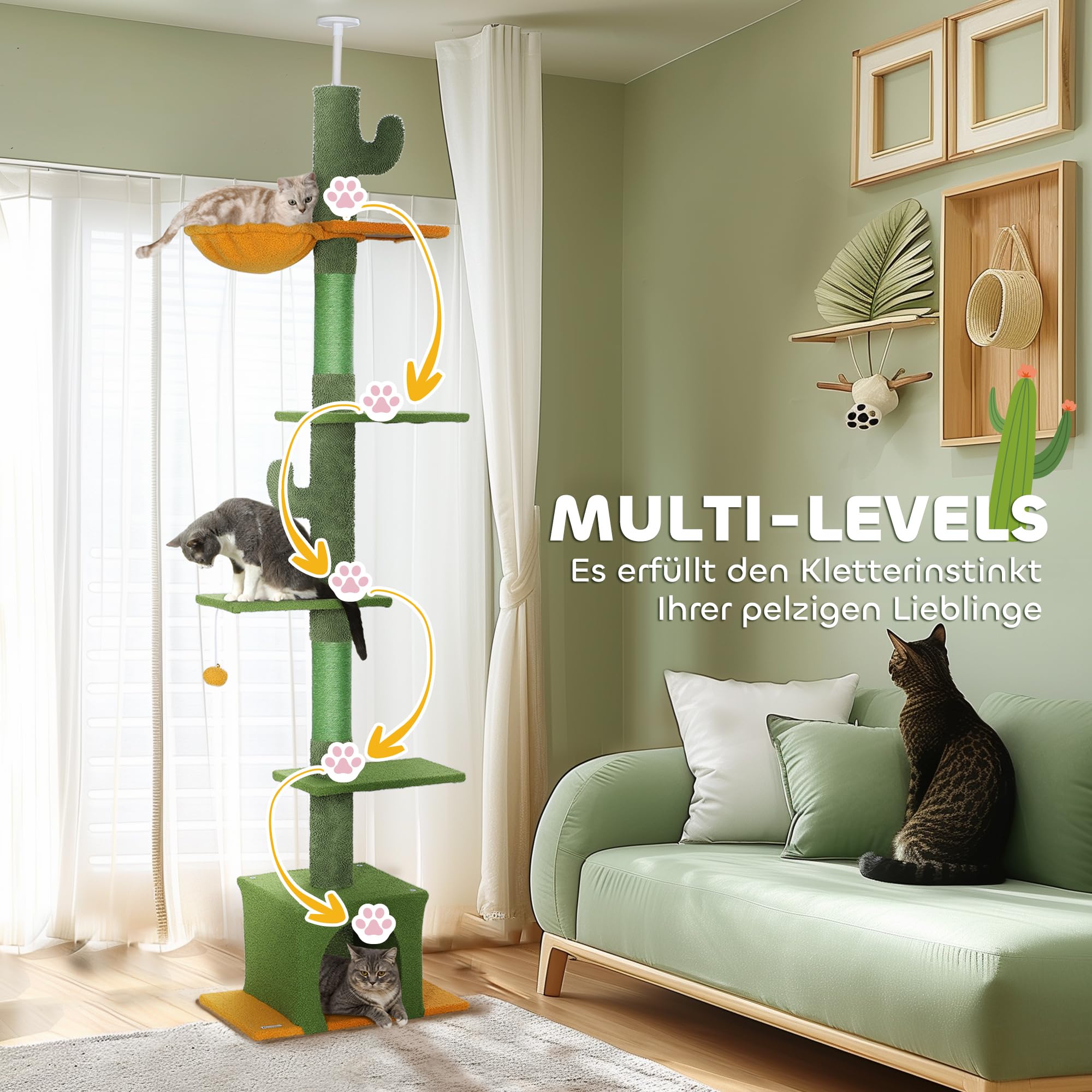 PawHut Kratzbaum Deckenhoch Katzenbaum 230-275 cm mit Katzenhöhle Grün | Katzenkratzbaum, Kratzstämmen, Spielball, Katzenmöbel mit Kippschutz