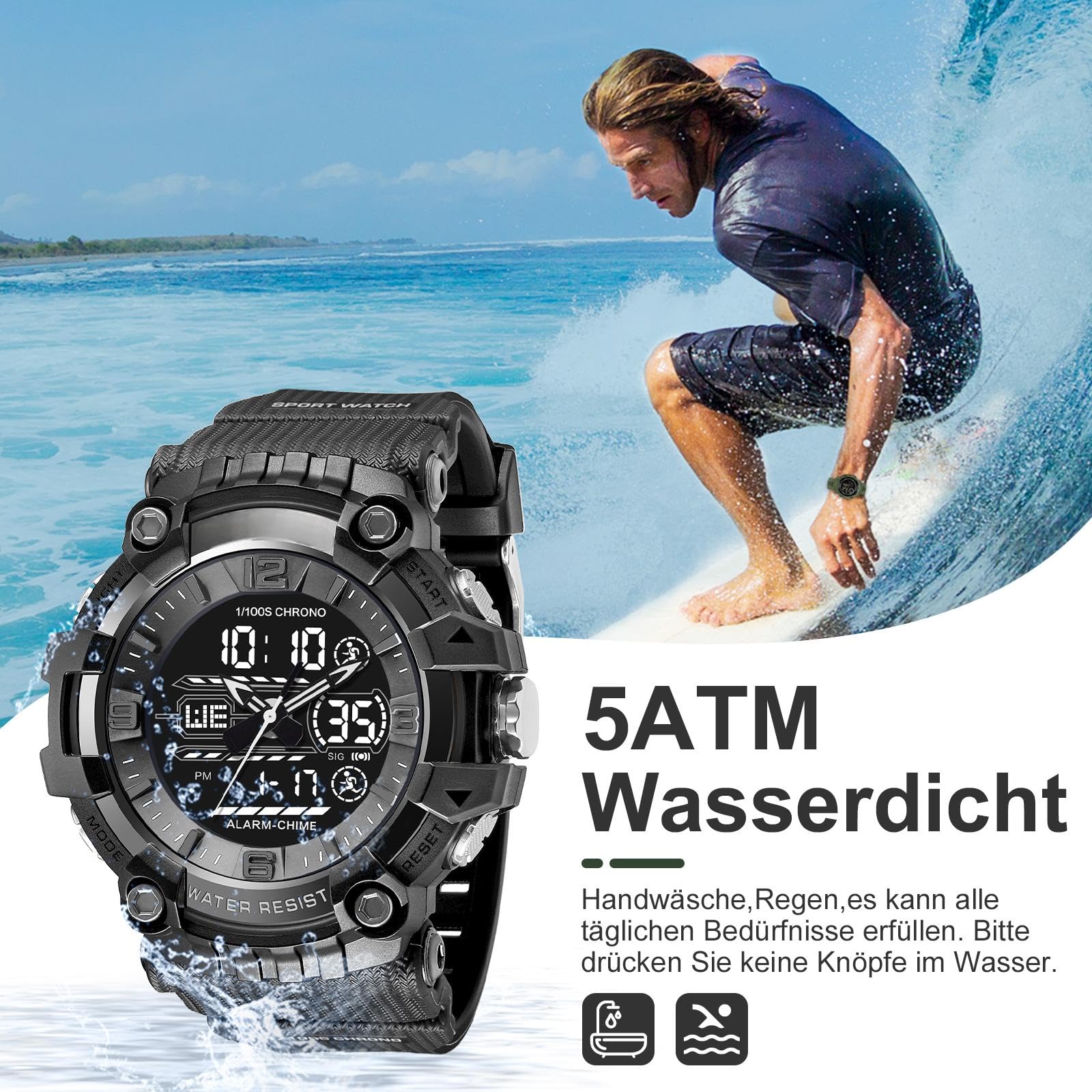 Orologio digitale da uomo, sportivo, da uomo, digitale, orologio da polso per ragazzi, orologio militare, cronometro, sport, attività all'aperto, 5 ATM, impermeabile, cronografo, sveglia sportiva da