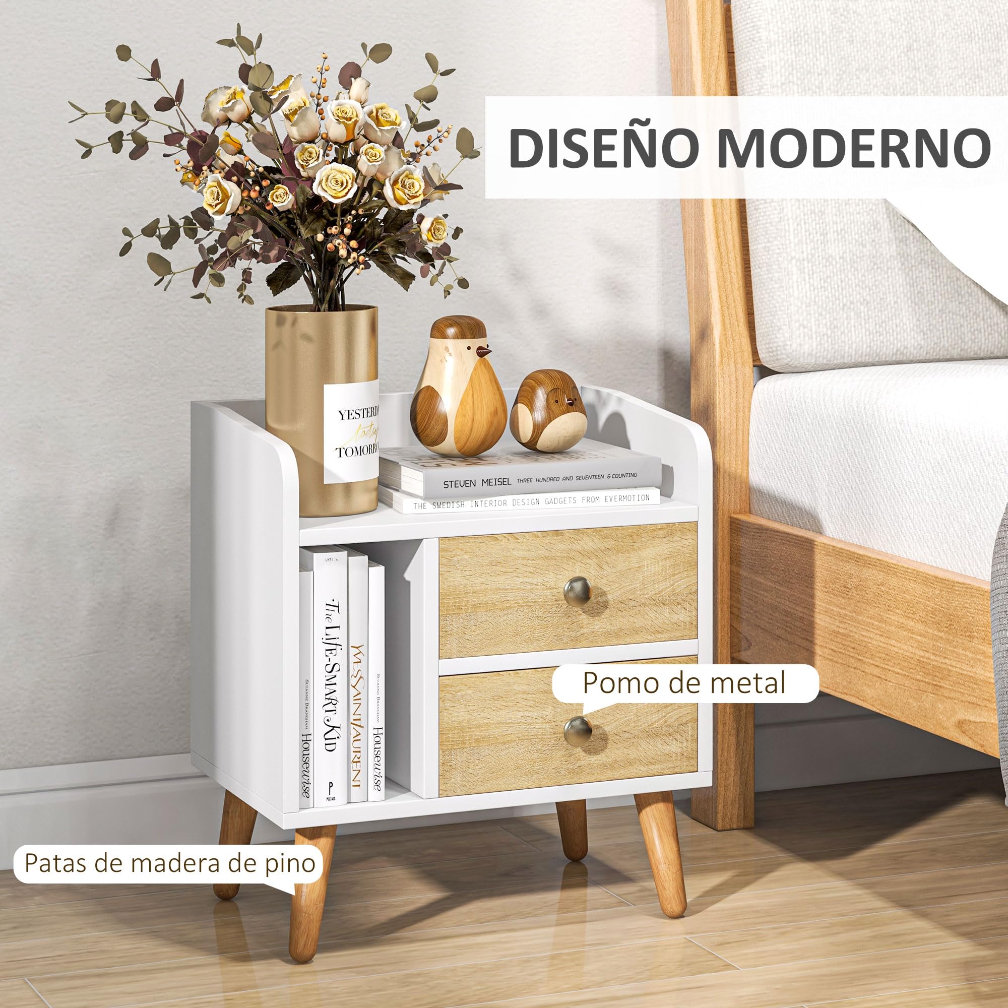 HOMCOM Mesita de Noche 2 Cajones Patas Elevadas de Pino 43x30x49 cm Blanco