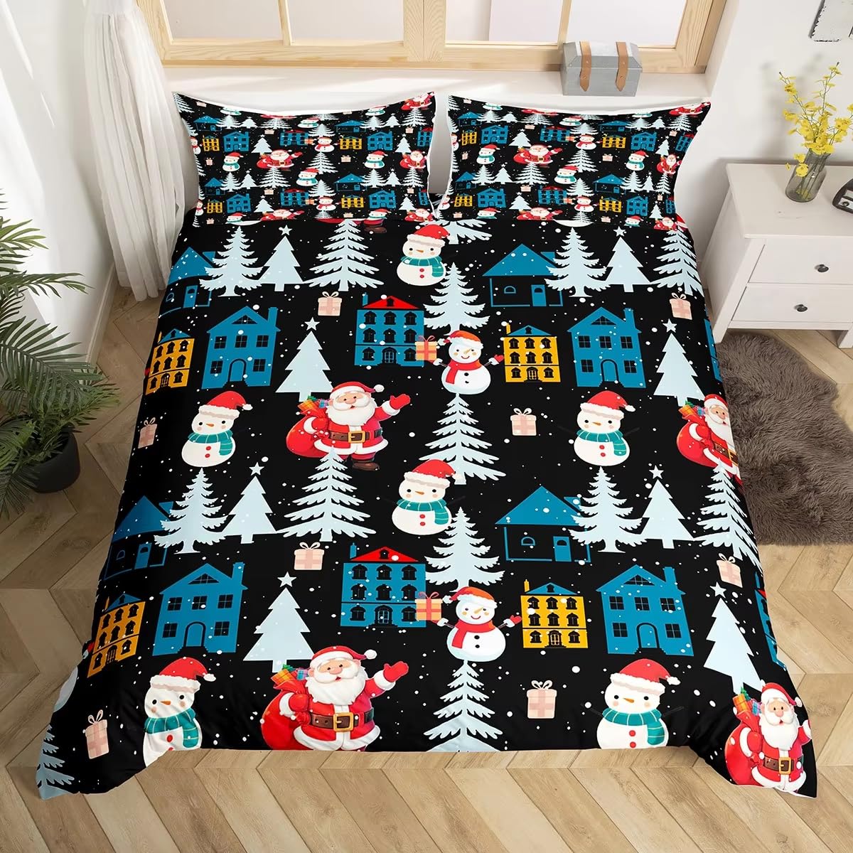 Parure de lit 140x200 Noël avec housse de couette sapin et bonhomme de neige blanc pour enfants
