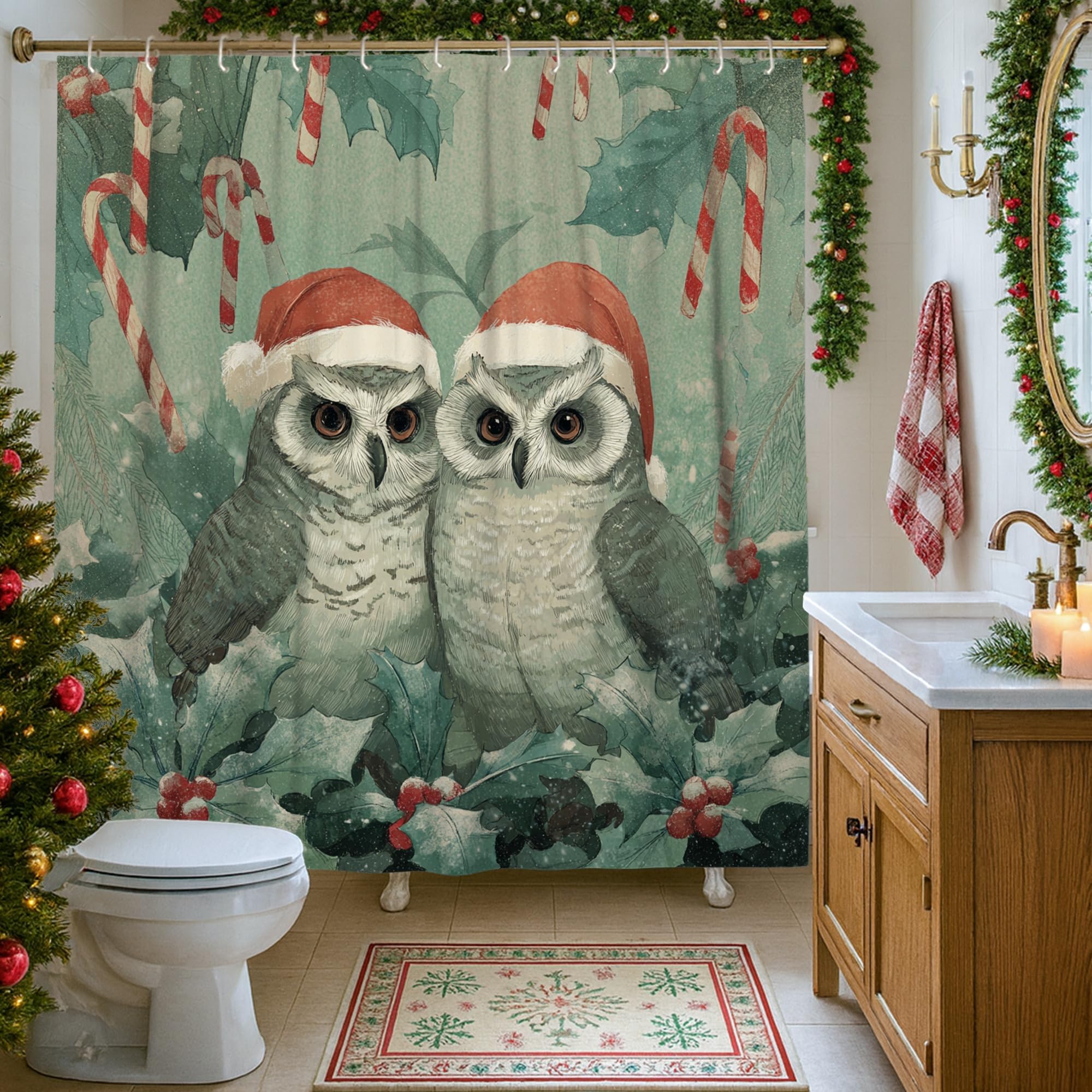 Rideau de douche de Noël hibou anti-éclaboussures pour salle de bain propre 183 x 213 cm