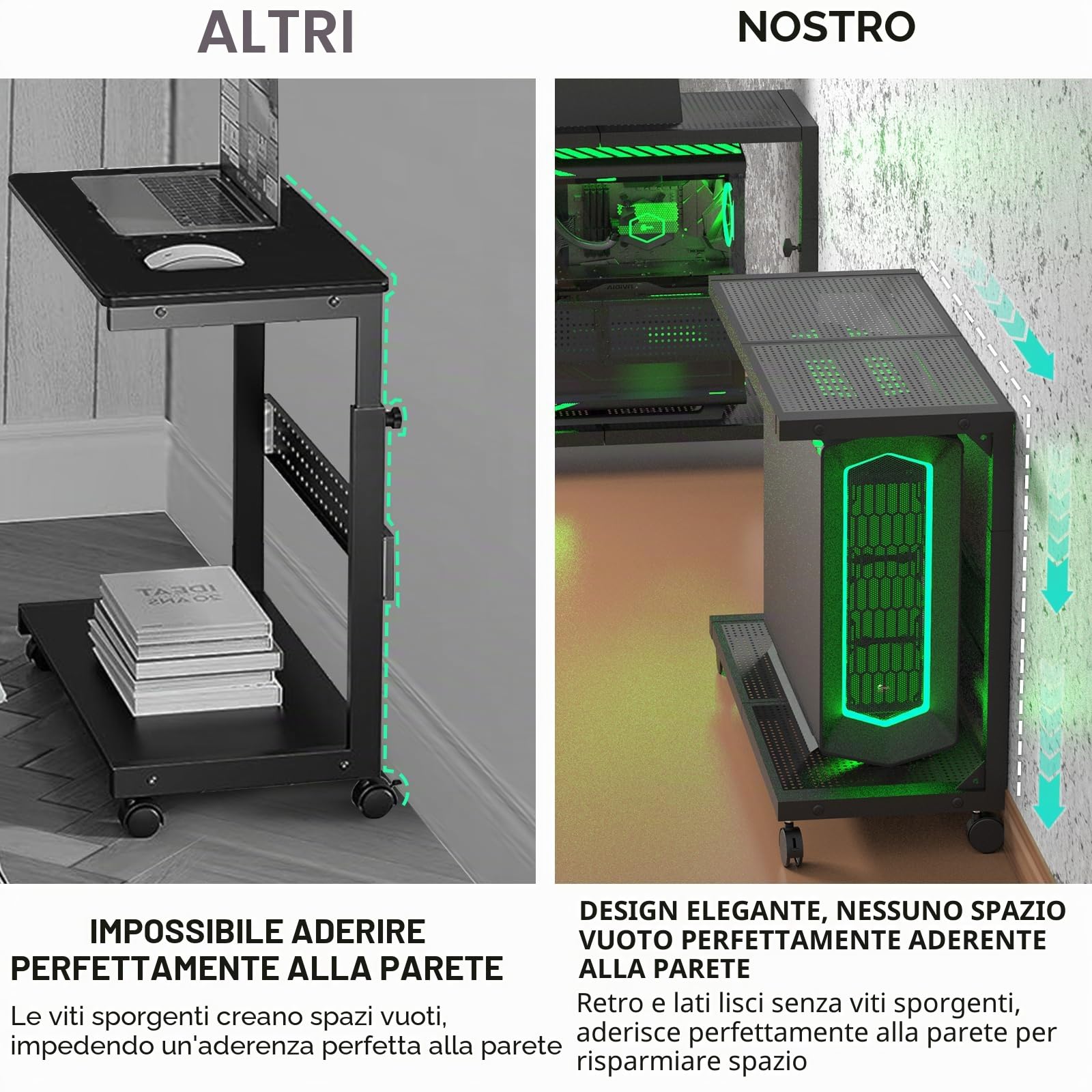 Moricher Supporto a torre per computer, regolabile in altezza, a 2 livelli, ATX, supporto per stampante da pavimento, con ruote girevoli e tappetino per mouse, accessori da gioco per casa e ufficio